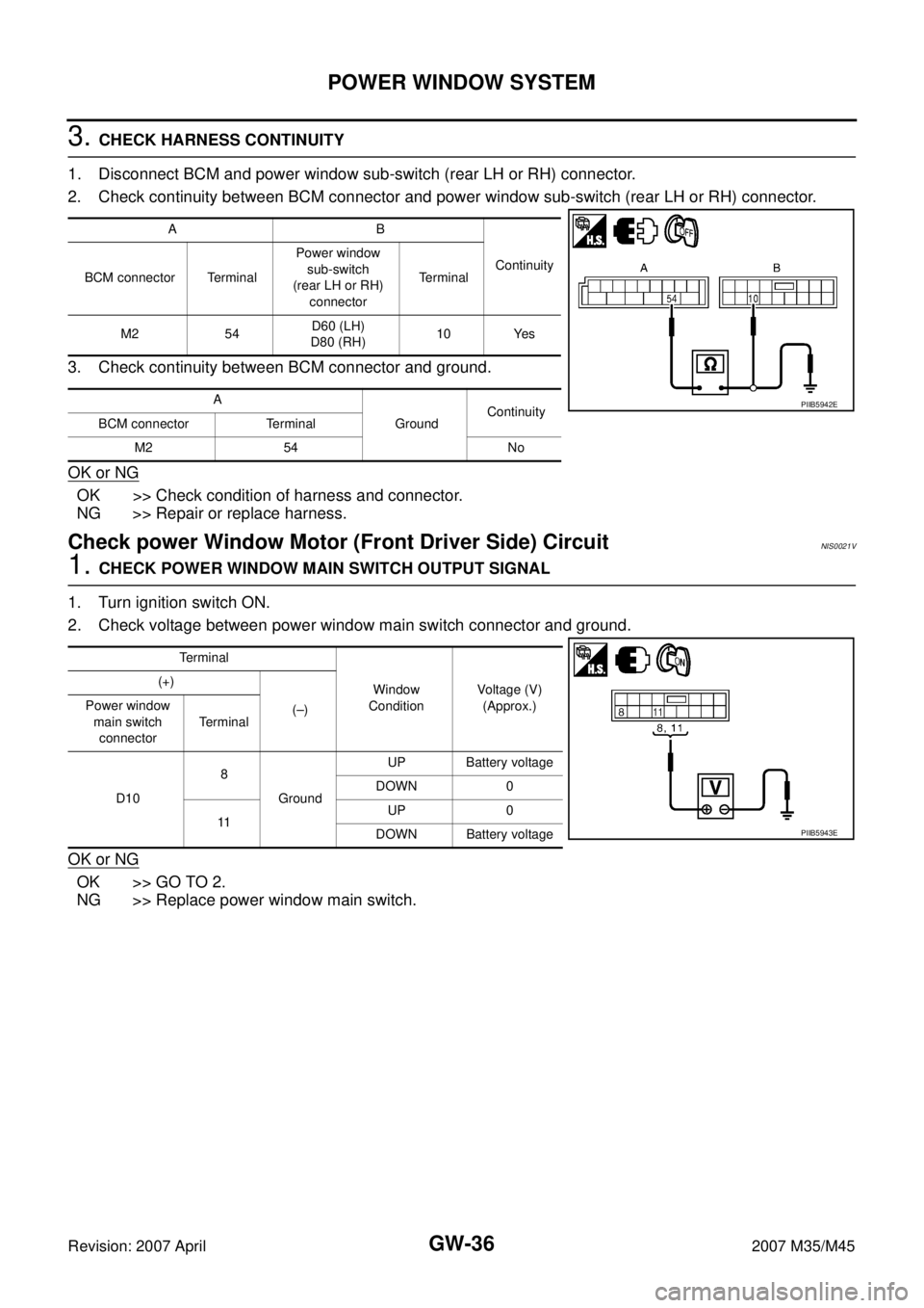 INFINITI M35 2007  Factory Service Manual GW-36
POWER WINDOW SYSTEM
Revision: 2007 April2007 M35/M45
3. CHECK HARNESS CONTINUITY
1. Disconnect BCM and power window sub-switch (rear LH or RH) connector.
2. Check continuity between BCM connecto