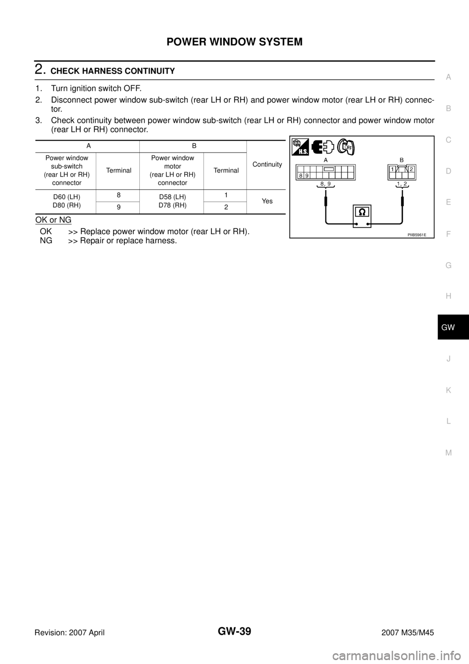 INFINITI M35 2007  Factory Service Manual POWER WINDOW SYSTEM
GW-39
C
D
E
F
G
H
J
K
L
MA
B
GW
Revision: 2007 April2007 M35/M45
2. CHECK HARNESS CONTINUITY
1. Turn ignition switch OFF.
2. Disconnect power window sub-switch (rear LH or RH) and 