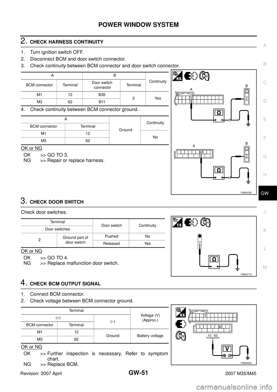 INFINITI M35 2007  Factory Service Manual POWER WINDOW SYSTEM
GW-51
C
D
E
F
G
H
J
K
L
MA
B
GW
Revision: 2007 April2007 M35/M45
2. CHECK HARNESS CONTINUITY
1. Turn ignition switch OFF.
2. Disconnect BCM and door switch connector.
3. Check cont