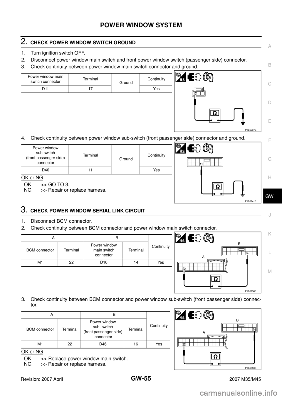 INFINITI M35 2007  Factory Service Manual POWER WINDOW SYSTEM
GW-55
C
D
E
F
G
H
J
K
L
MA
B
GW
Revision: 2007 April2007 M35/M45
2. CHECK POWER WINDOW SWITCH GROUND 
1. Turn ignition switch OFF.
2. Disconnect power window main switch and front 