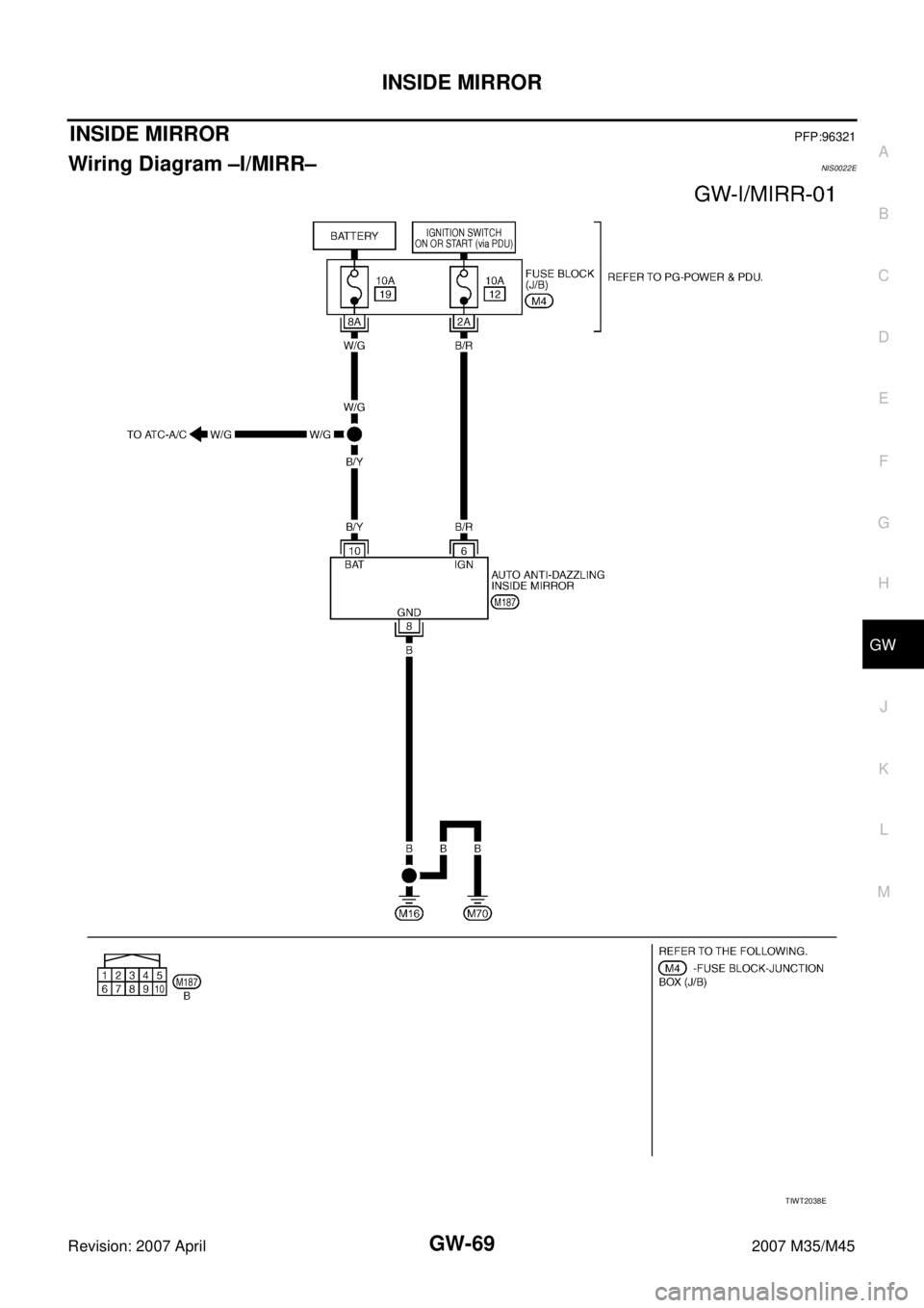 INFINITI M35 2007  Factory Service Manual INSIDE MIRROR
GW-69
C
D
E
F
G
H
J
K
L
MA
B
GW
Revision: 2007 April2007 M35/M45
INSIDE MIRRORPFP:96321
Wiring Diagram –I/MIRR–NIS0022E
TIWT2038E 