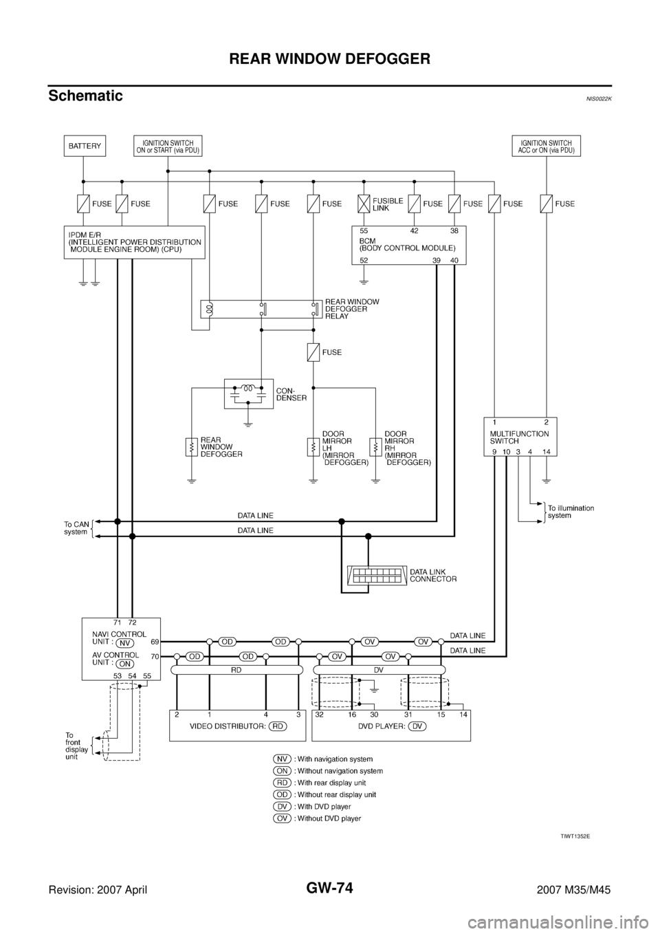 INFINITI M35 2007  Factory Service Manual GW-74
REAR WINDOW DEFOGGER
Revision: 2007 April2007 M35/M45
SchematicNIS0022K
TIWT1352E 