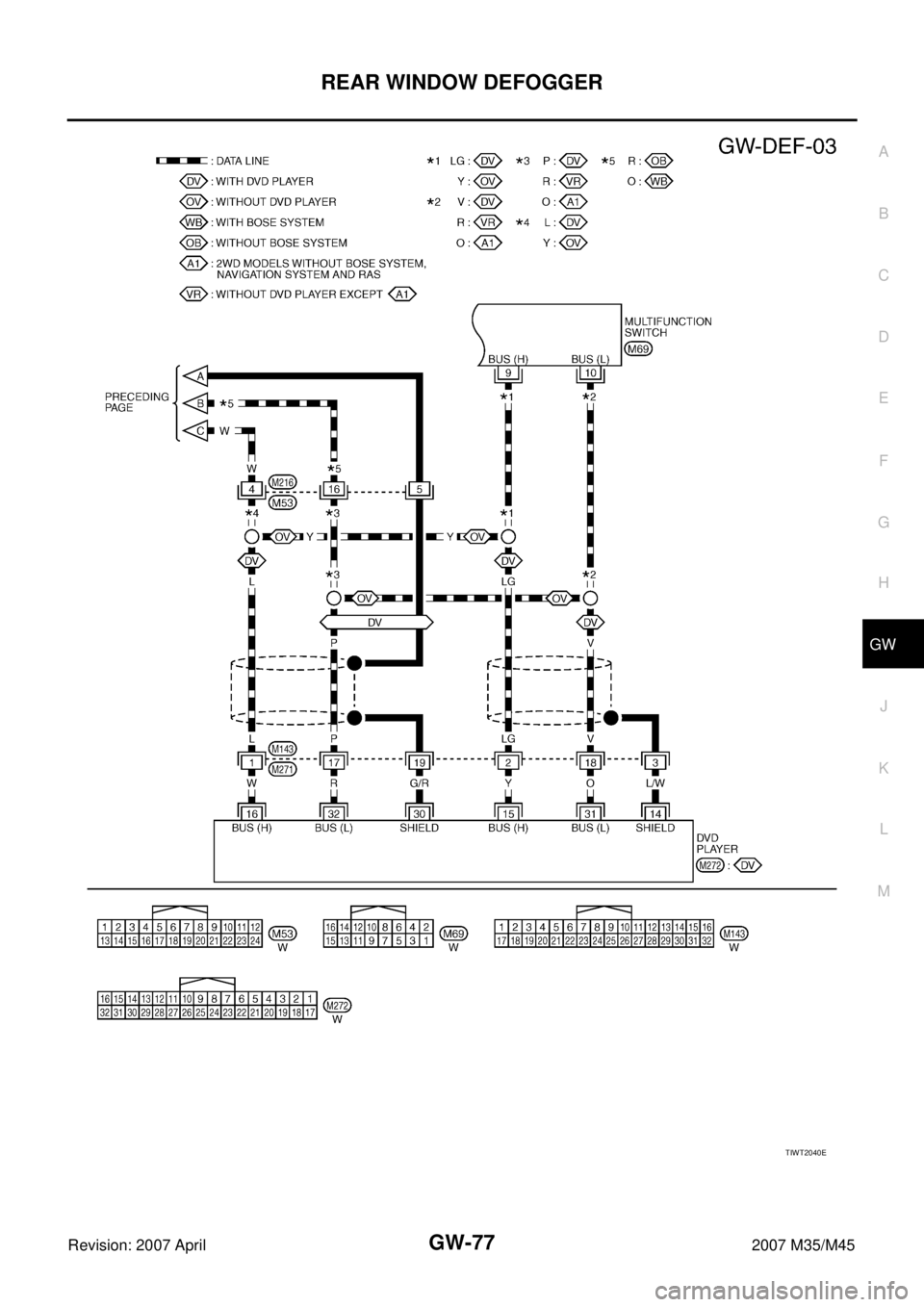 INFINITI M35 2007  Factory Service Manual REAR WINDOW DEFOGGER
GW-77
C
D
E
F
G
H
J
K
L
MA
B
GW
Revision: 2007 April2007 M35/M45
TIWT2040E 