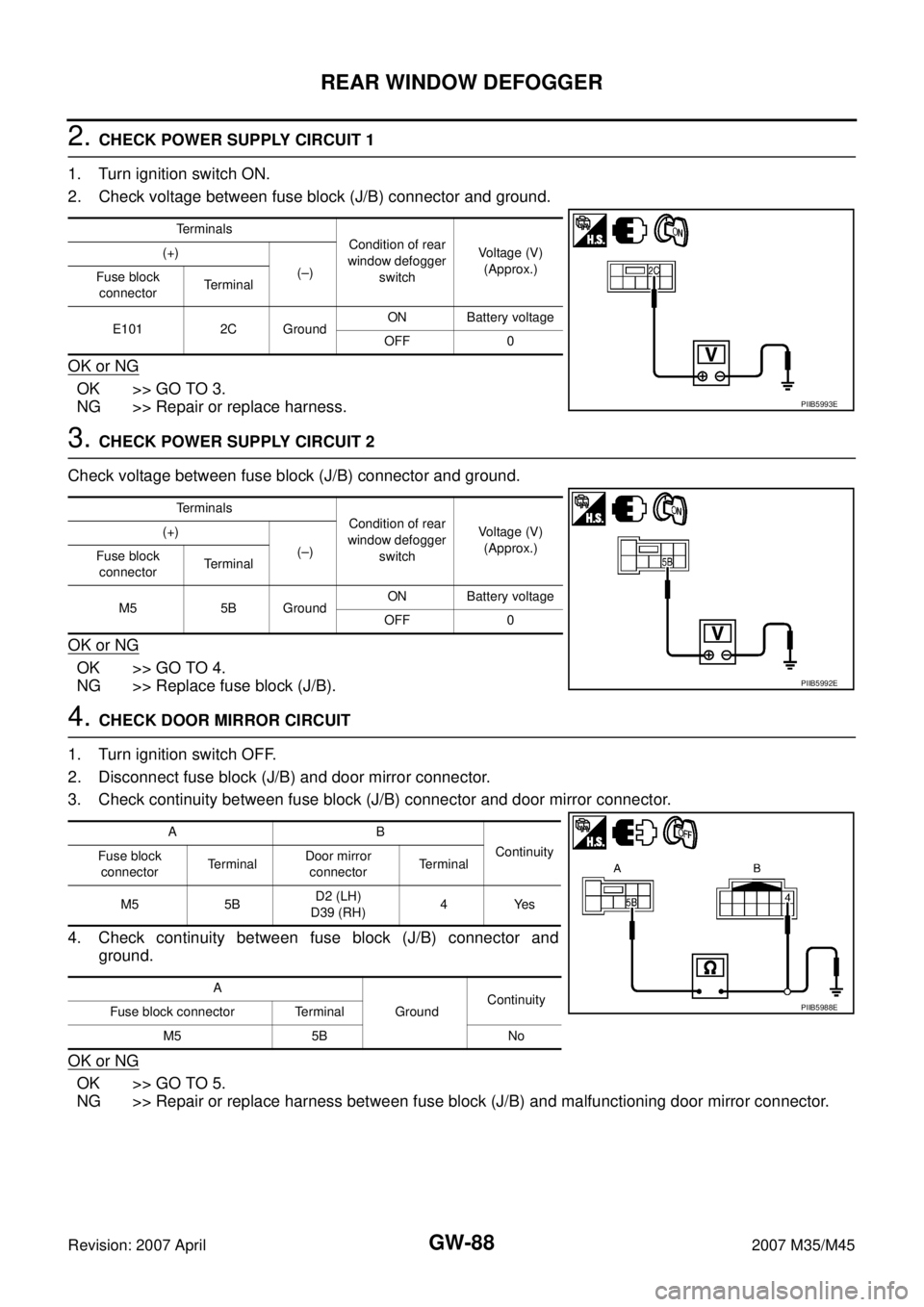 INFINITI M35 2007  Factory Service Manual GW-88
REAR WINDOW DEFOGGER
Revision: 2007 April2007 M35/M45
2. CHECK POWER SUPPLY CIRCUIT 1
1. Turn ignition switch ON.
2. Check voltage between fuse block (J/B) connector and ground.
OK or NG
OK >> G