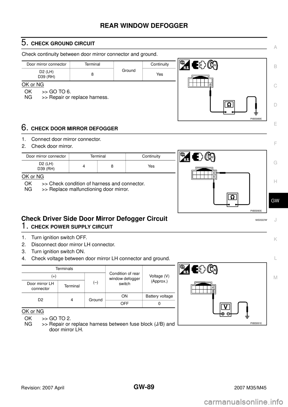 INFINITI M35 2007  Factory Service Manual REAR WINDOW DEFOGGER
GW-89
C
D
E
F
G
H
J
K
L
MA
B
GW
Revision: 2007 April2007 M35/M45
5. CHECK GROUND CIRCUIT
Check continuity between door mirror connector and ground.
OK or NG
OK >> GO TO 6.
NG >> R