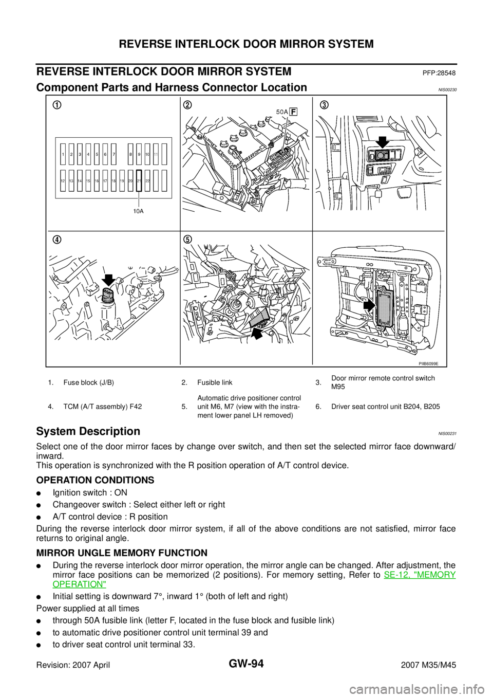INFINITI M35 2007  Factory Service Manual GW-94
REVERSE INTERLOCK DOOR MIRROR SYSTEM
Revision: 2007 April2007 M35/M45
REVERSE INTERLOCK DOOR MIRROR SYSTEMPFP:28548
Component Parts and Harness Connector LocationNIS00230
System DescriptionNIS00