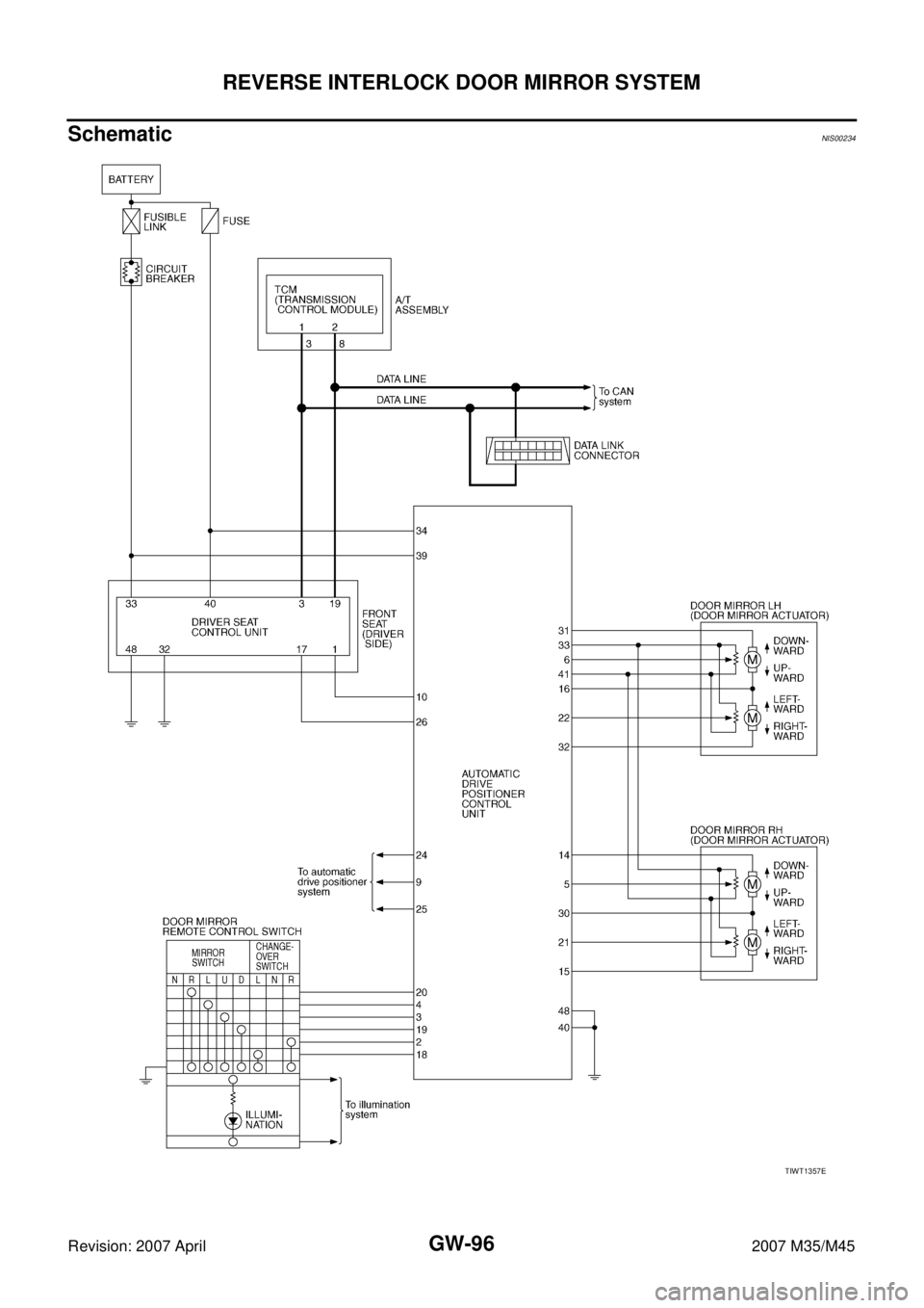 INFINITI M35 2007  Factory Service Manual GW-96
REVERSE INTERLOCK DOOR MIRROR SYSTEM
Revision: 2007 April2007 M35/M45
SchematicNIS00234
TIWT1357E 