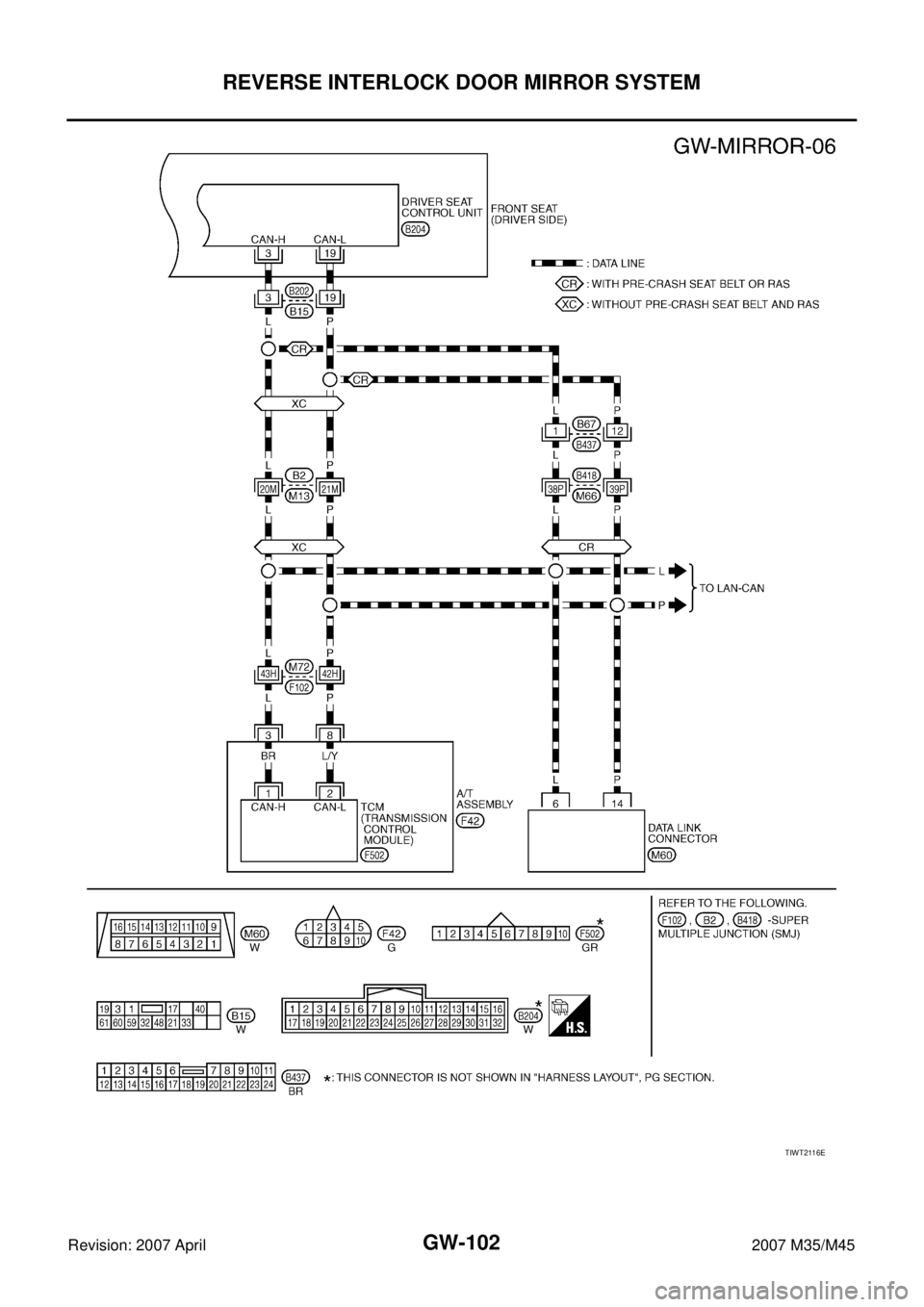 INFINITI M35 2007  Factory Service Manual GW-102
REVERSE INTERLOCK DOOR MIRROR SYSTEM
Revision: 2007 April2007 M35/M45
TIWT2116E 