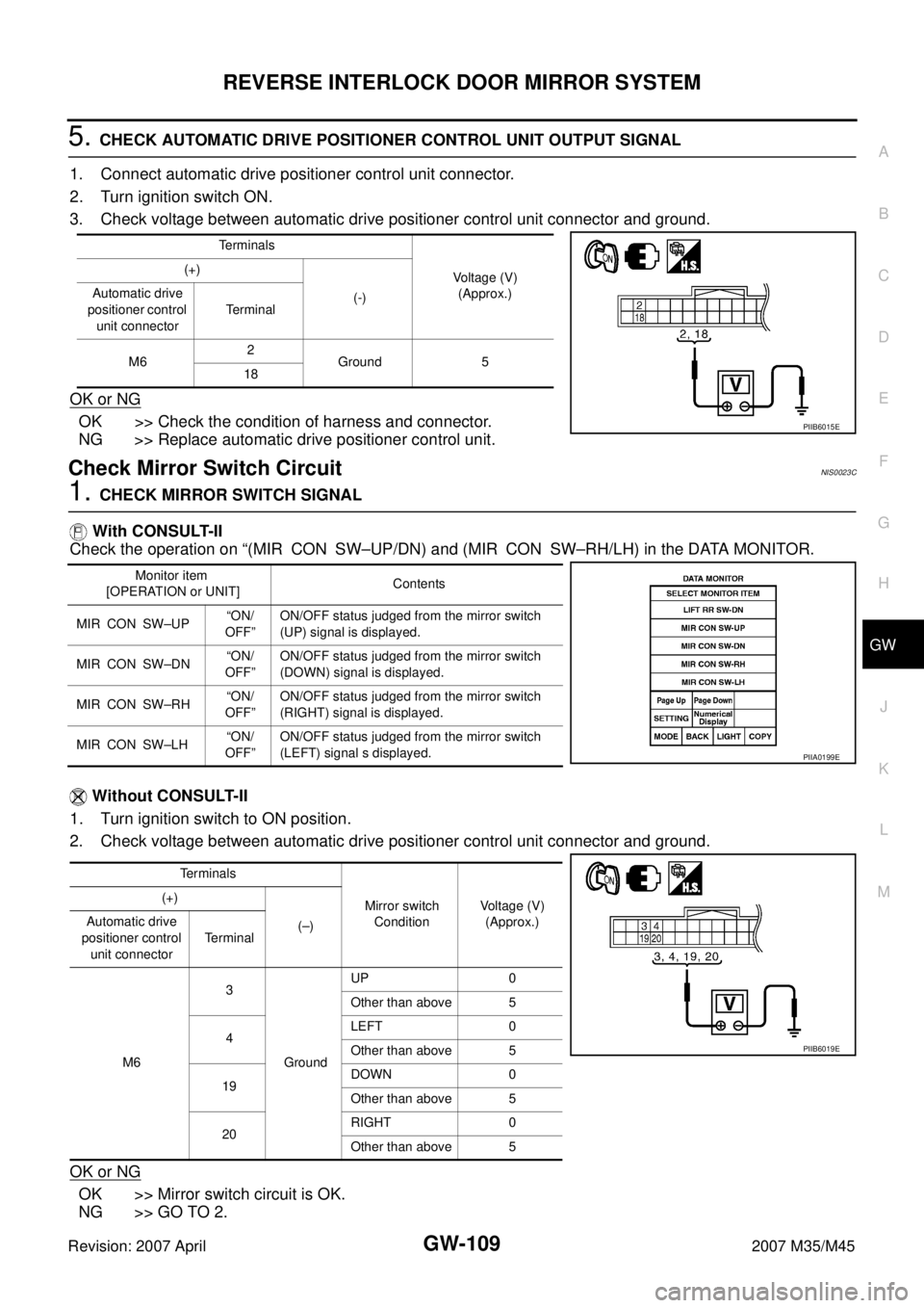 INFINITI M35 2007 Factory Service Manual REVERSE INTERLOCK DOOR MIRROR SYSTEM
GW-109
C
D
E
F
G
H
J
K
L
MA
B
GW
Revision: 2007 April2007 M35/M45
5. CHECK AUTOMATIC DRIVE POSITIONER CONTROL UNIT OUTPUT SIGNAL
1. Connect automatic drive positio INFINITI M35 2007 Factory Service Manual REVERSE INTERLOCK DOOR MIRROR SYSTEM
GW-109
C
D
E
F
G
H
J
K
L
MA
B
GW
Revision: 2007 April2007 M35/M45
5. CHECK AUTOMATIC DRIVE POSITIONER CONTROL UNIT OUTPUT SIGNAL
1. Connect automatic drive positio