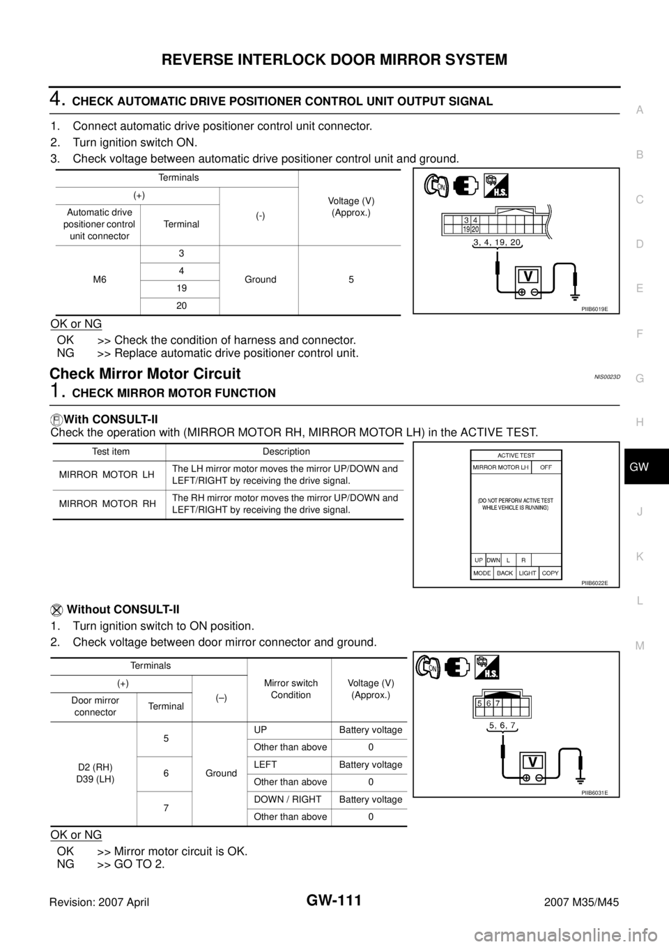 INFINITI M35 2007 Factory Service Manual REVERSE INTERLOCK DOOR MIRROR SYSTEM
GW-111
C
D
E
F
G
H
J
K
L
MA
B
GW
Revision: 2007 April2007 M35/M45
4. CHECK AUTOMATIC DRIVE POSITIONER CONTROL UNIT OUTPUT SIGNAL
1. Connect automatic drive positio INFINITI M35 2007 Factory Service Manual REVERSE INTERLOCK DOOR MIRROR SYSTEM
GW-111
C
D
E
F
G
H
J
K
L
MA
B
GW
Revision: 2007 April2007 M35/M45
4. CHECK AUTOMATIC DRIVE POSITIONER CONTROL UNIT OUTPUT SIGNAL
1. Connect automatic drive positio