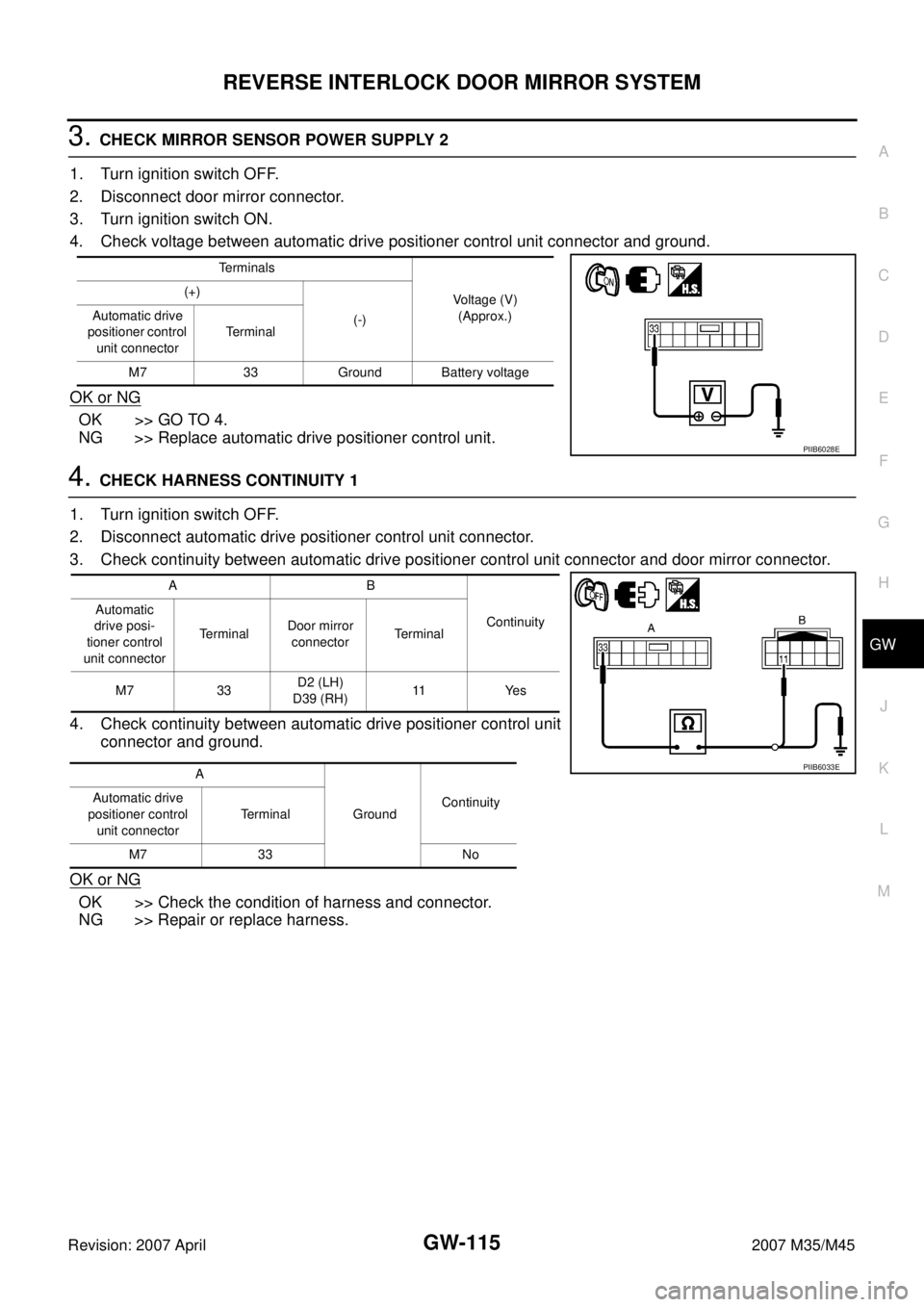 INFINITI M35 2007  Factory Service Manual REVERSE INTERLOCK DOOR MIRROR SYSTEM
GW-115
C
D
E
F
G
H
J
K
L
MA
B
GW
Revision: 2007 April2007 M35/M45
3. CHECK MIRROR SENSOR POWER SUPPLY 2
1. Turn ignition switch OFF.
2. Disconnect door mirror conn