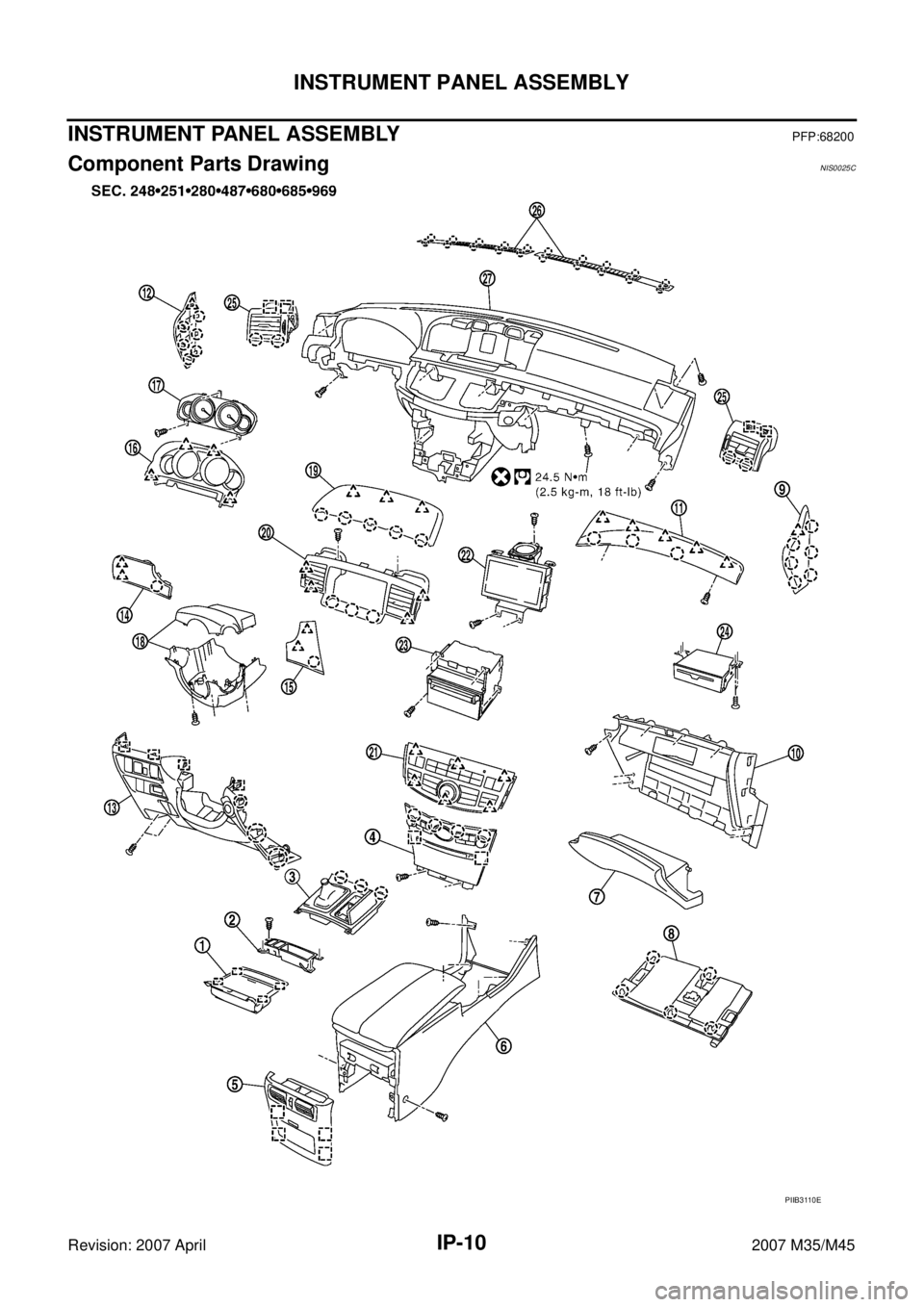 INFINITI M35 2007  Factory Service Manual IP-10
INSTRUMENT PANEL ASSEMBLY
Revision: 2007 April2007 M35/M45
INSTRUMENT PANEL ASSEMBLYPFP:68200
Component Parts DrawingNIS0025C
PIIB3110E 