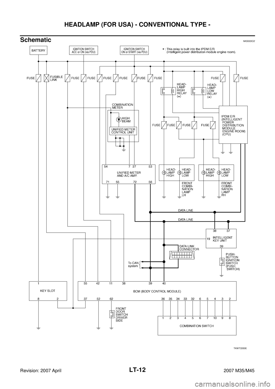 INFINITI M35 2007  Factory Service Manual LT-12
HEADLAMP (FOR USA) - CONVENTIONAL TYPE -
Revision: 2007 April2007 M35/M45
SchematicNKS003O2
TKWT3350E 
