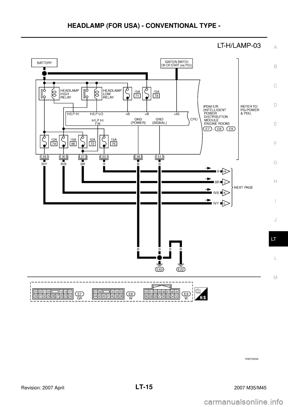 INFINITI M35 2007  Factory Service Manual HEADLAMP (FOR USA) - CONVENTIONAL TYPE -
LT-15
C
D
E
F
G
H
I
J
L
MA
B
LT
Revision: 2007 April2007 M35/M45
TKWT5253E 