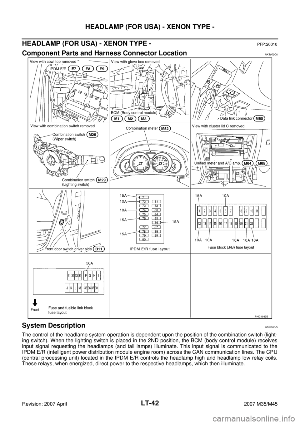 INFINITI M35 2007  Factory Service Manual LT-42
HEADLAMP (FOR USA) - XENON TYPE -
Revision: 2007 April2007 M35/M45
HEADLAMP (FOR USA) - XENON TYPE -PFP:26010
Component Parts and Harness Connector LocationNKS003OK
System DescriptionNKS003OL
Th