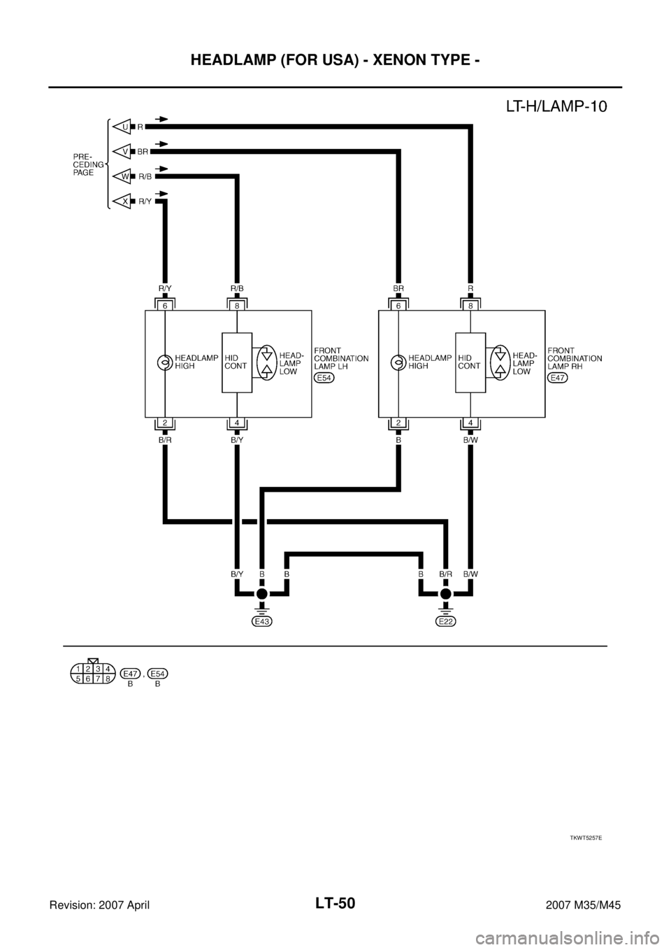 INFINITI M35 2007  Factory Service Manual LT-50
HEADLAMP (FOR USA) - XENON TYPE -
Revision: 2007 April2007 M35/M45
TKWT5257E 