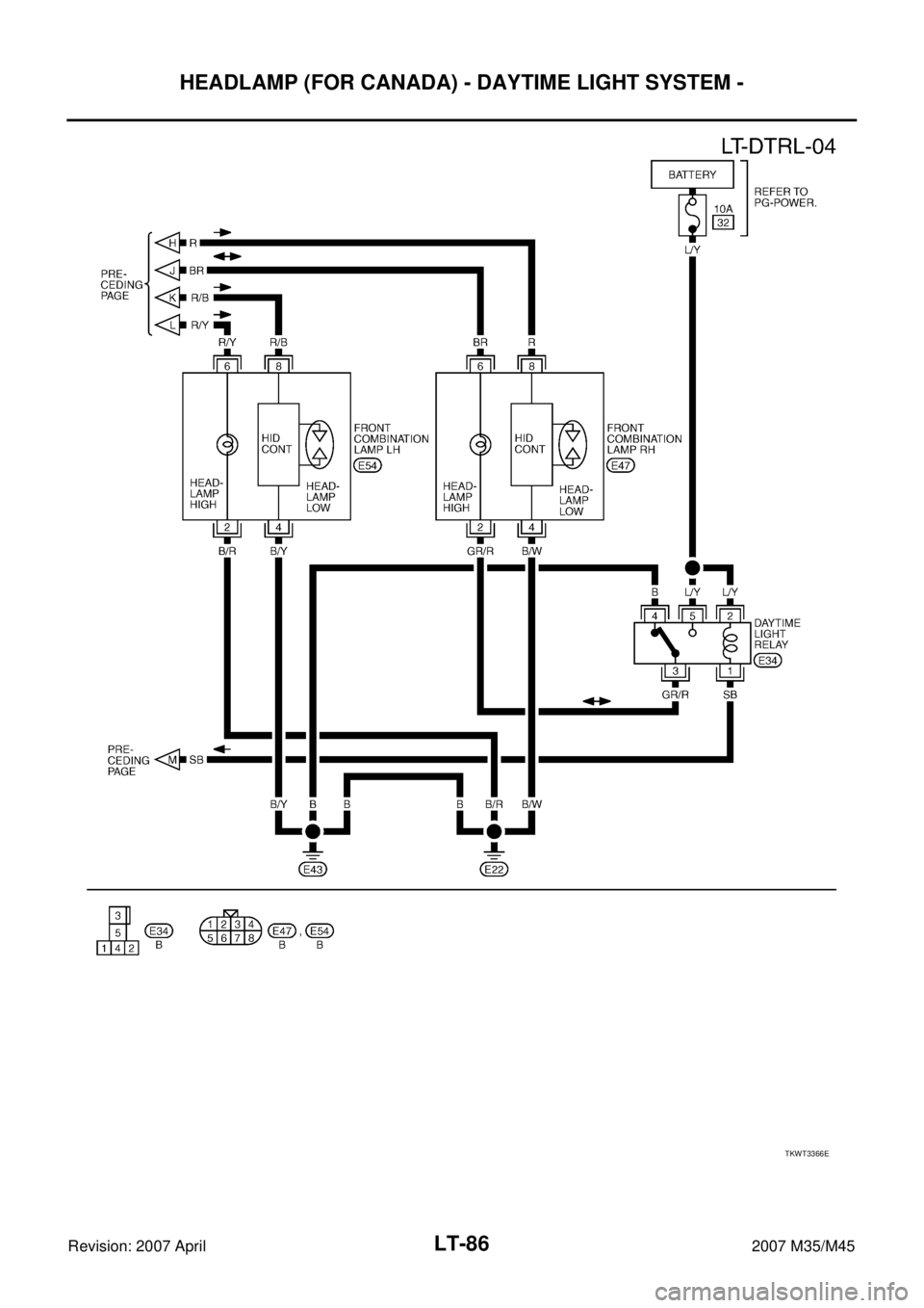 INFINITI M35 2007  Factory Service Manual LT-86
HEADLAMP (FOR CANADA) - DAYTIME LIGHT SYSTEM -
Revision: 2007 April2007 M35/M45
TKWT3366E 