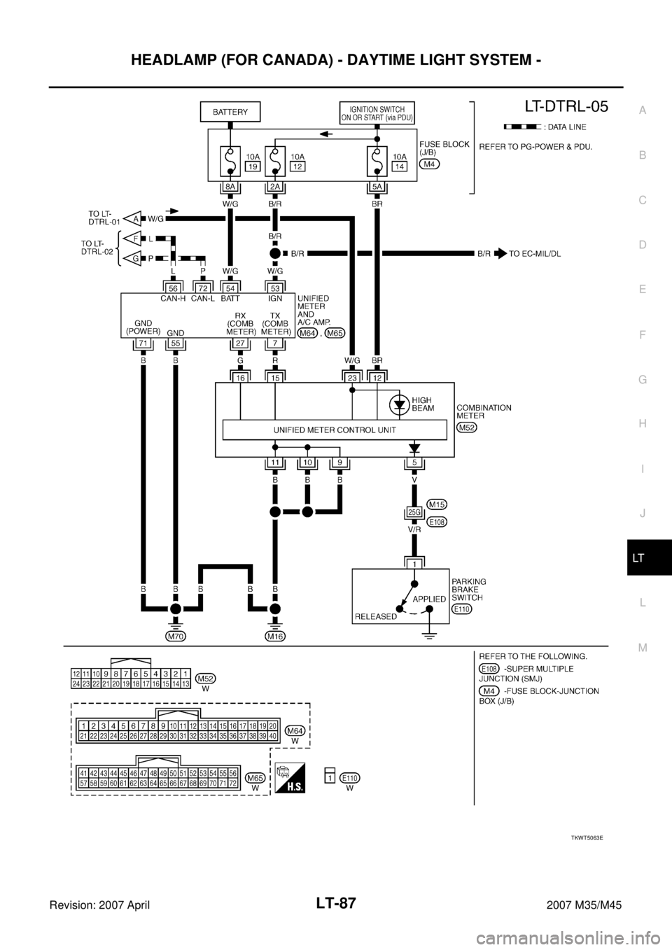 INFINITI M35 2007  Factory Service Manual HEADLAMP (FOR CANADA) - DAYTIME LIGHT SYSTEM -
LT-87
C
D
E
F
G
H
I
J
L
MA
B
LT
Revision: 2007 April2007 M35/M45
TKWT5063E 