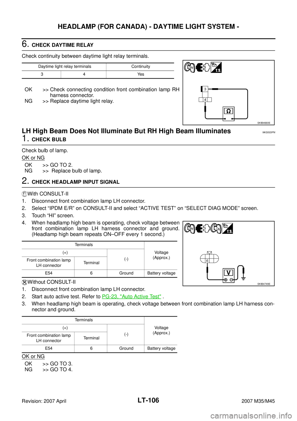 INFINITI M35 2007  Factory Service Manual LT-106
HEADLAMP (FOR CANADA) - DAYTIME LIGHT SYSTEM -
Revision: 2007 April2007 M35/M45
6. CHECK DAYTIME RELAY
Check continuity between daytime light relay terminals.
OK >> Check connecting condition f