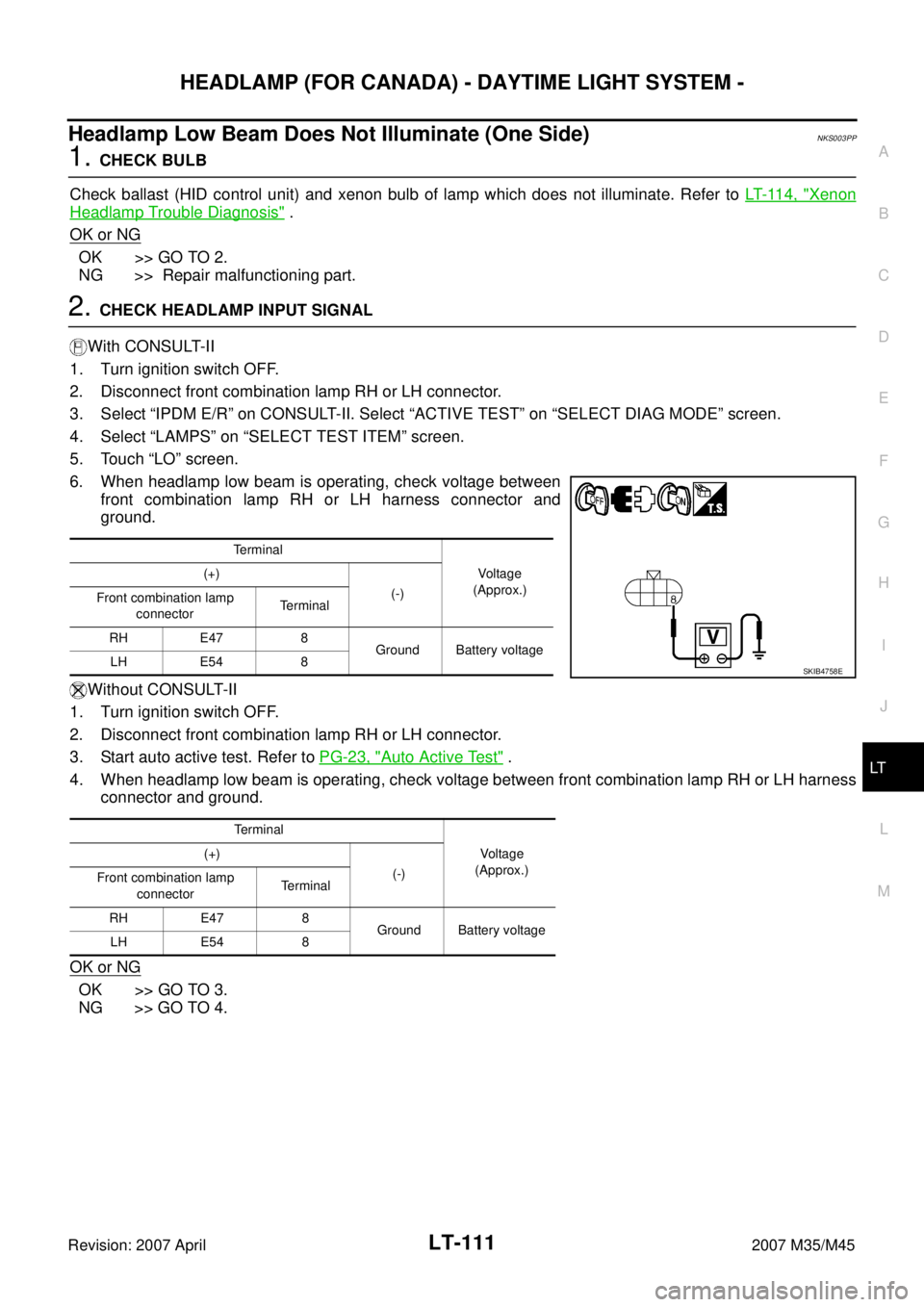 INFINITI M35 2007  Factory Service Manual HEADLAMP (FOR CANADA) - DAYTIME LIGHT SYSTEM -
LT-111
C
D
E
F
G
H
I
J
L
MA
B
LT
Revision: 2007 April2007 M35/M45
Headlamp Low Beam Does Not Illuminate (One Side)NKS003PP
1. CHECK BULB
Check ballast (H
