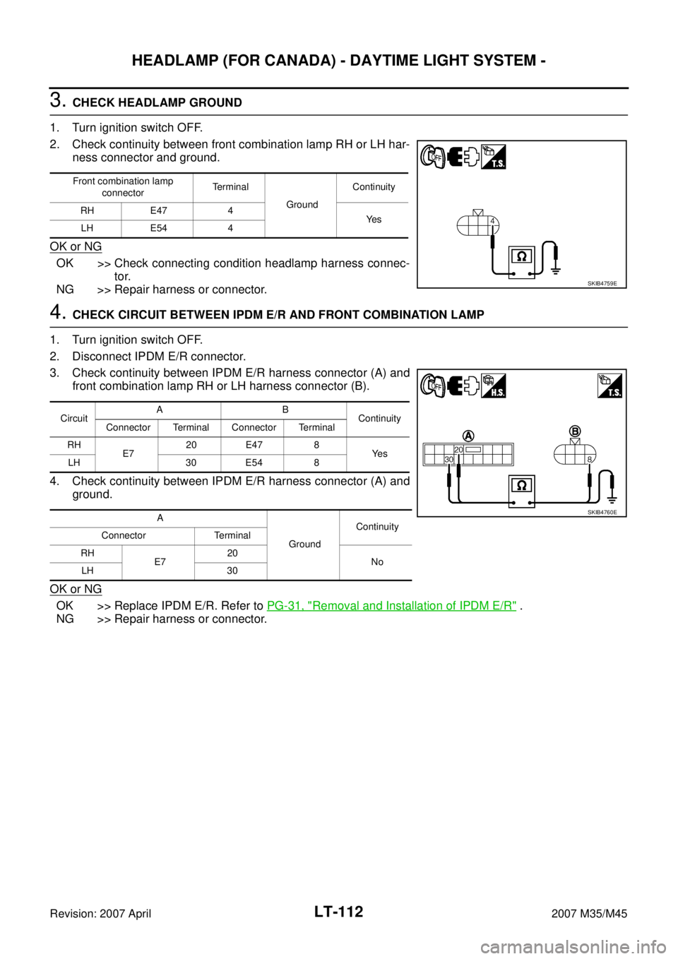INFINITI M35 2007  Factory Service Manual LT-112
HEADLAMP (FOR CANADA) - DAYTIME LIGHT SYSTEM -
Revision: 2007 April2007 M35/M45
3. CHECK HEADLAMP GROUND 
1. Turn ignition switch OFF.
2. Check continuity between front combination lamp RH or L