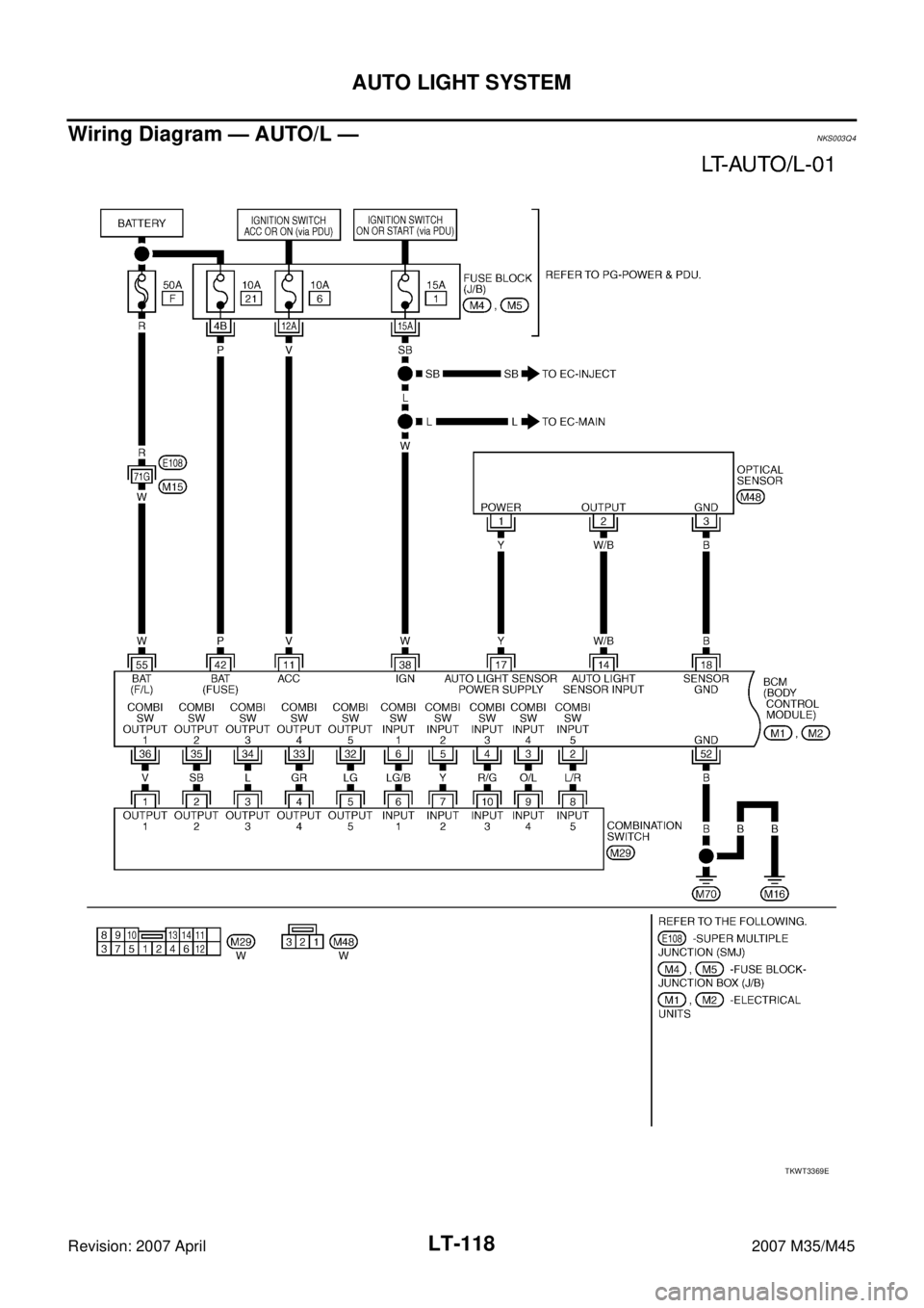 INFINITI M35 2007  Factory Service Manual LT-118
AUTO LIGHT SYSTEM
Revision: 2007 April2007 M35/M45
Wiring Diagram — AUTO/L —NKS003Q4
TKWT3369E 