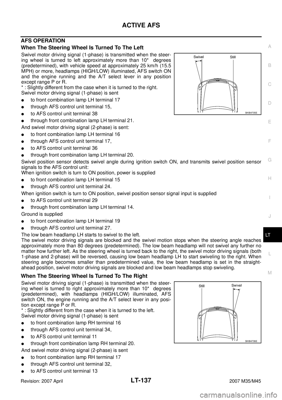 INFINITI M35 2007  Factory Service Manual ACTIVE AFS
LT-137
C
D
E
F
G
H
I
J
L
MA
B
LT
Revision: 2007 April2007 M35/M45
AFS OPERATION
When The Steering Wheel Is Turned To The Left
Swivel motor driving signal (1-phase) is transmitted when the s