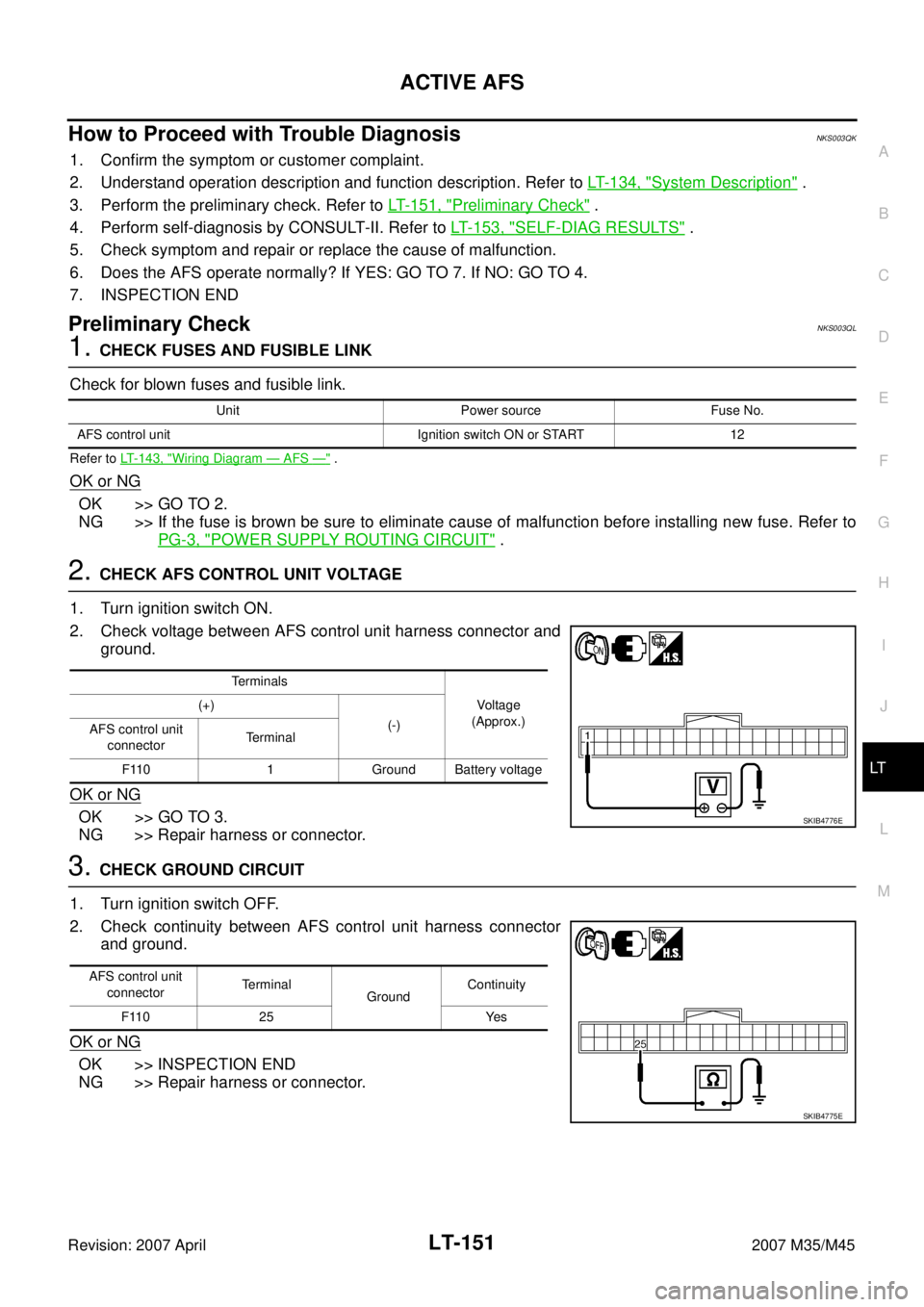 INFINITI M35 2007 Factory Service Manual ACTIVE AFS
LT-151
C
D
E
F
G
H
I
J
L
MA
B
LT
Revision: 2007 April2007 M35/M45
How to Proceed with Trouble DiagnosisNKS003QK
1. Confirm the symptom or customer complaint.
2. Understand operation descrip INFINITI M35 2007 Factory Service Manual ACTIVE AFS
LT-151
C
D
E
F
G
H
I
J
L
MA
B
LT
Revision: 2007 April2007 M35/M45
How to Proceed with Trouble DiagnosisNKS003QK
1. Confirm the symptom or customer complaint.
2. Understand operation descrip