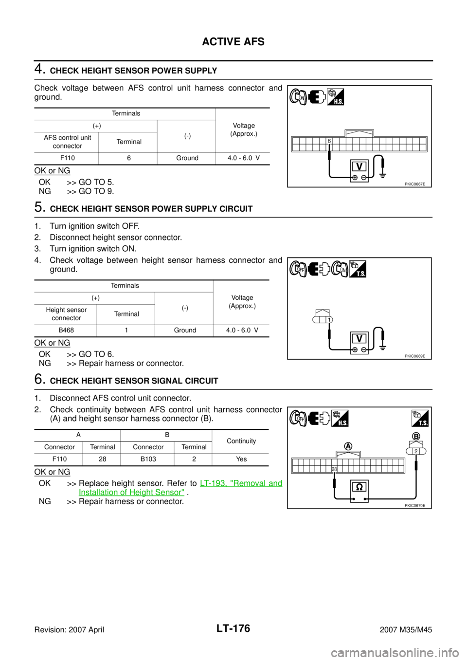 INFINITI M35 2007 Factory Service Manual LT-176
ACTIVE AFS
Revision: 2007 April2007 M35/M45
4. CHECK HEIGHT SENSOR POWER SUPPLY
Check voltage between AFS control unit harness connector and
ground.
OK or NG
OK >> GO TO 5.
NG >> GO TO 9.
5. CH INFINITI M35 2007 Factory Service Manual LT-176
ACTIVE AFS
Revision: 2007 April2007 M35/M45
4. CHECK HEIGHT SENSOR POWER SUPPLY
Check voltage between AFS control unit harness connector and
ground.
OK or NG
OK >> GO TO 5.
NG >> GO TO 9.
5. CH