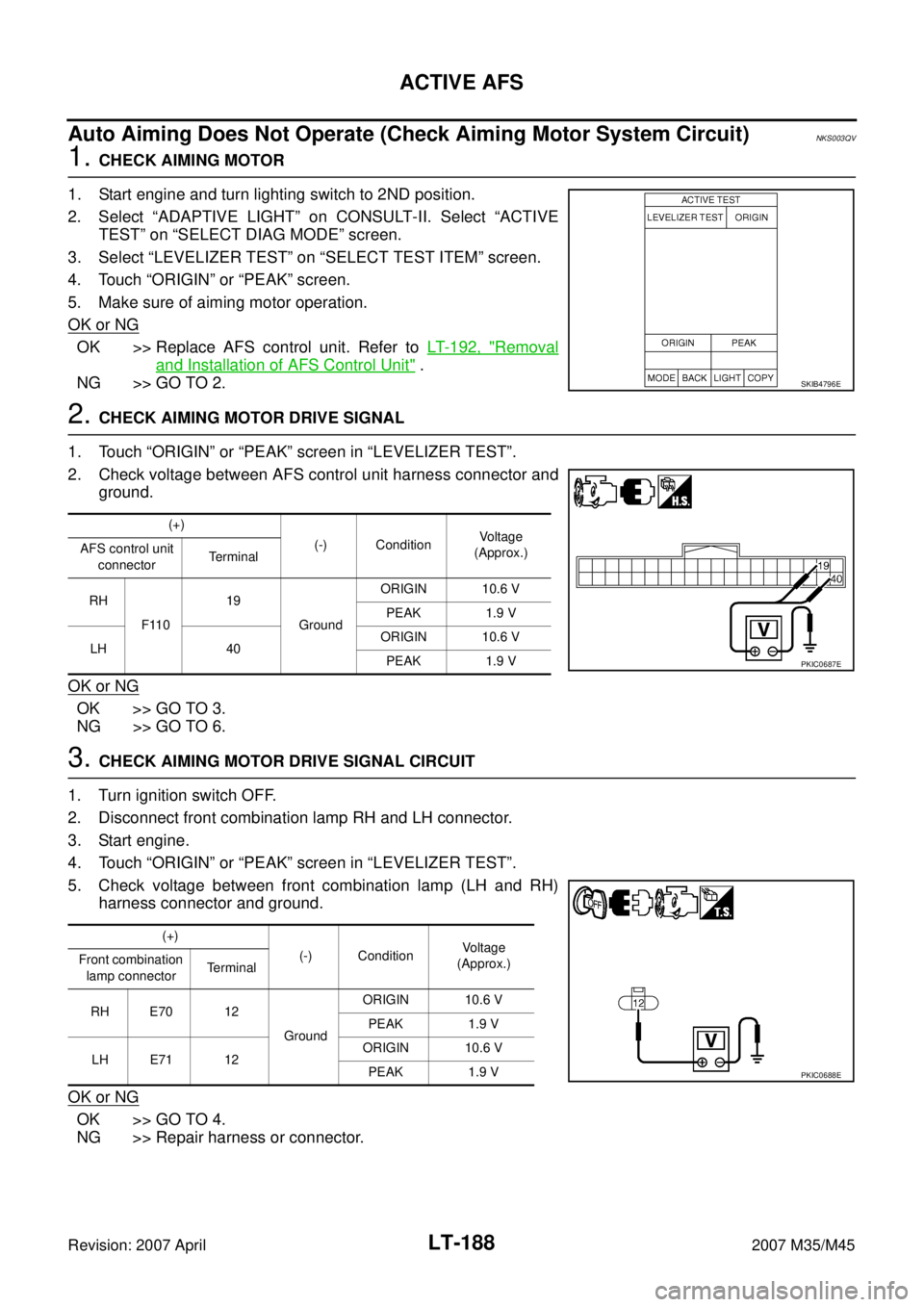 INFINITI M35 2007  Factory Service Manual LT-188
ACTIVE AFS
Revision: 2007 April2007 M35/M45
Auto Aiming Does Not Operate (Check Aiming Motor System Circuit)NKS003QV
1. CHECK AIMING MOTOR
1. Start engine and turn lighting switch to 2ND positi