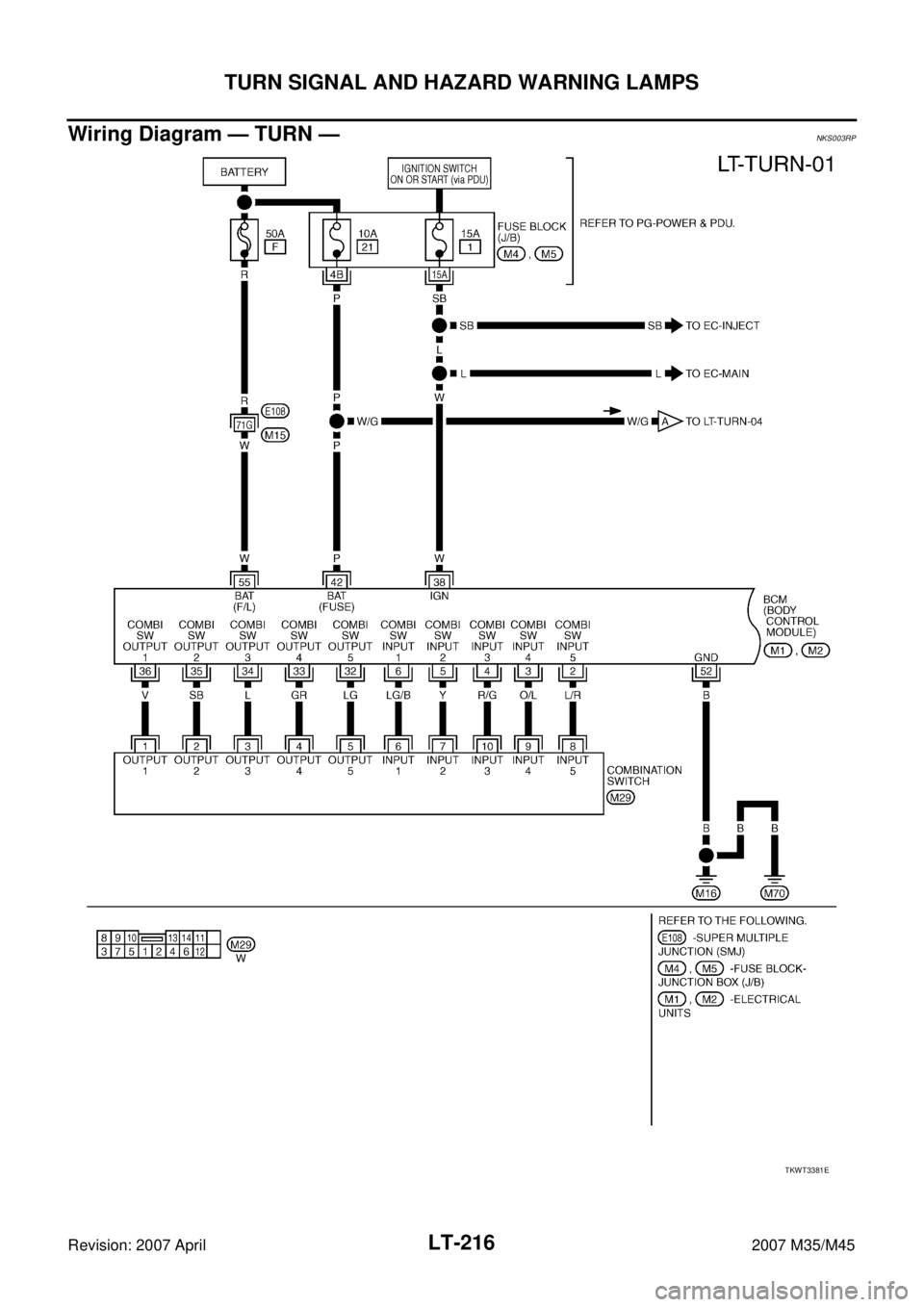 INFINITI M35 2007  Factory Service Manual LT-216
TURN SIGNAL AND HAZARD WARNING LAMPS
Revision: 2007 April2007 M35/M45
Wiring Diagram — TURN —NKS003RP
TKWT3381E 