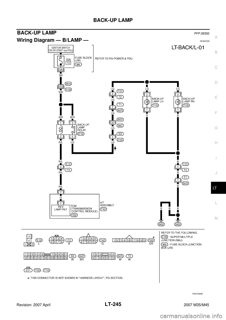 INFINITI M35 2007  Factory Service Manual BACK-UP LAMP
LT-245
C
D
E
F
G
H
I
J
L
MA
B
LT
Revision: 2007 April2007 M35/M45
BACK-UP LAMPPFP:26550
Wiring Diagram — B/LAMP —NKS003SE
TKWT5069E 