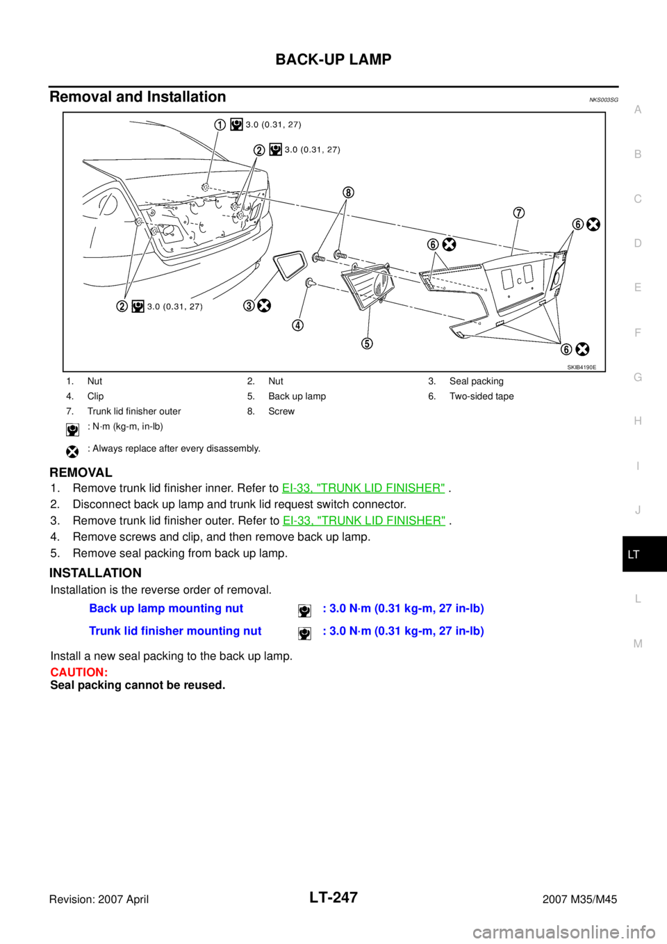 INFINITI M35 2007  Factory Service Manual BACK-UP LAMP
LT-247
C
D
E
F
G
H
I
J
L
MA
B
LT
Revision: 2007 April2007 M35/M45
Removal and InstallationNKS003SG
REMOVAL
1. Remove trunk lid finisher inner. Refer to EI-33, "TRUNK LID FINISHER" .
2. Di