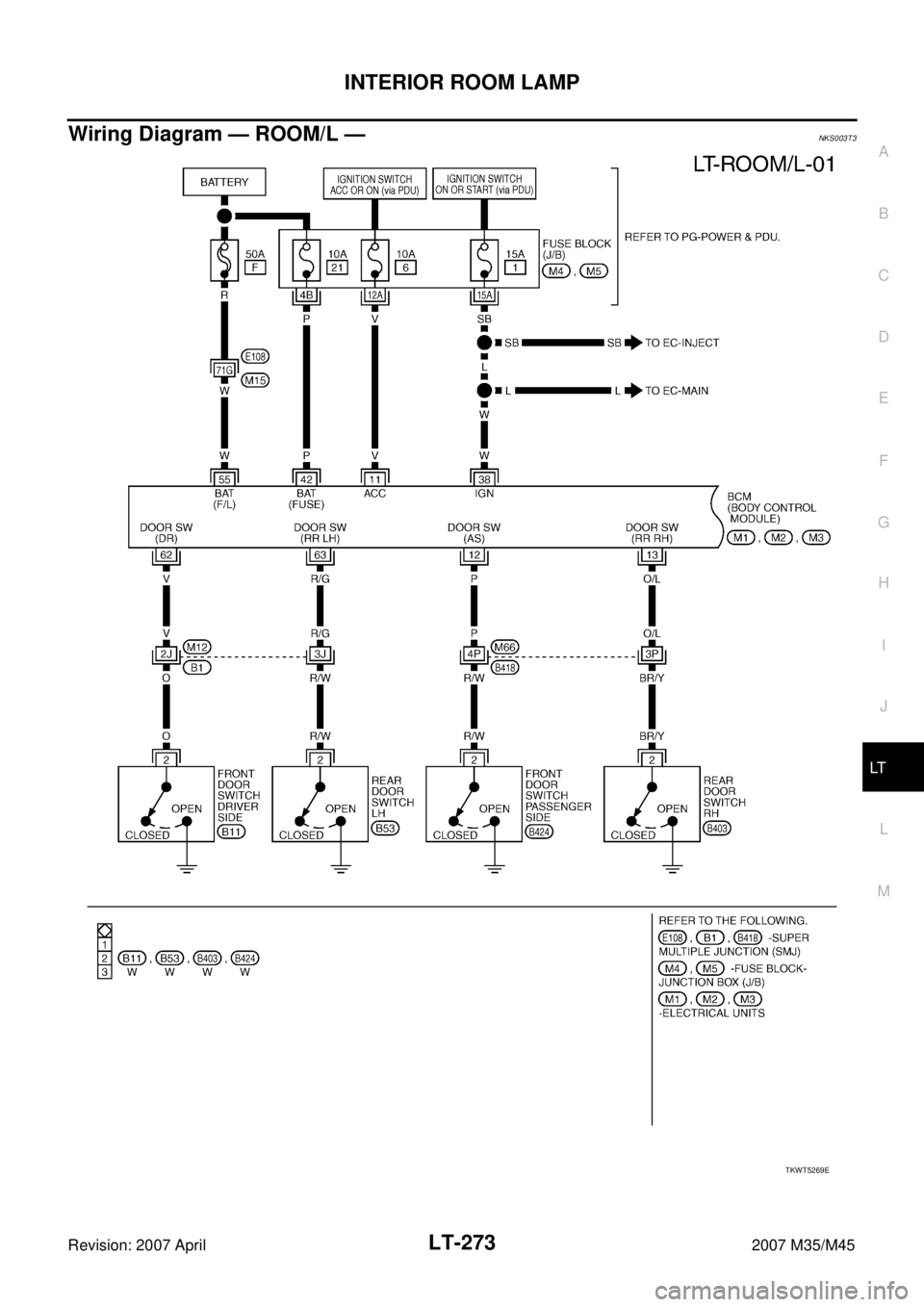 INFINITI M35 2007  Factory Service Manual INTERIOR ROOM LAMP
LT-273
C
D
E
F
G
H
I
J
L
MA
B
LT
Revision: 2007 April2007 M35/M45
Wiring Diagram — ROOM/L —NKS003T3
TKWT5269E 