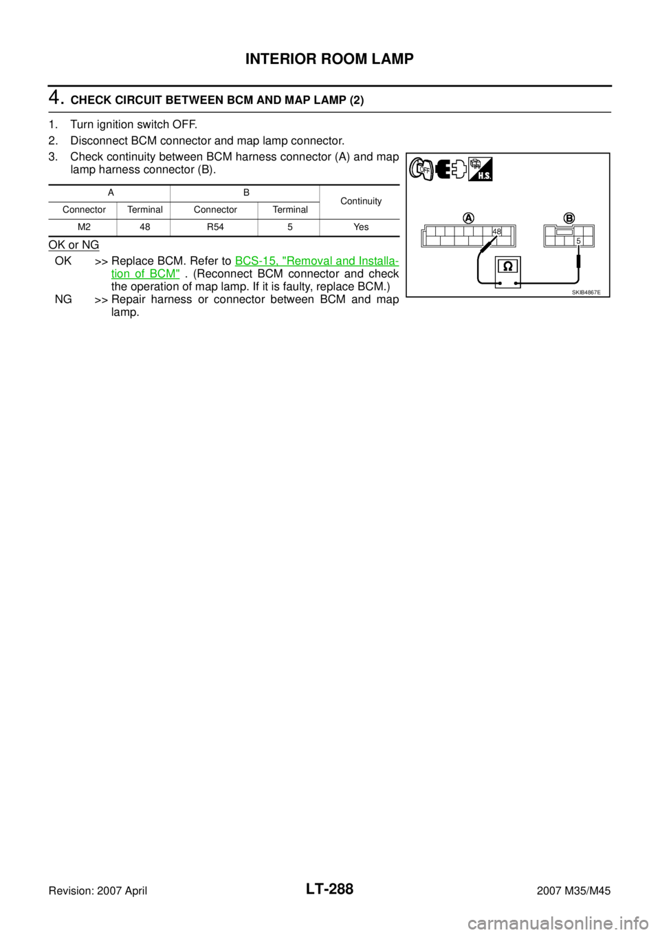 INFINITI M35 2007  Factory Service Manual LT-288
INTERIOR ROOM LAMP
Revision: 2007 April2007 M35/M45
4. CHECK CIRCUIT BETWEEN BCM AND MAP LAMP (2)
1. Turn ignition switch OFF.
2. Disconnect BCM connector and map lamp connector.
3. Check conti