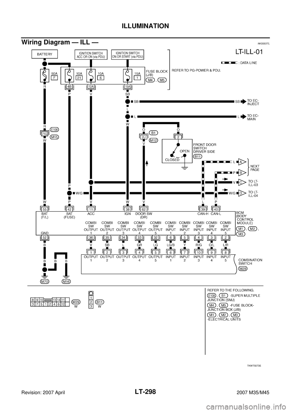 INFINITI M35 2007  Factory Service Manual LT-298
ILLUMINATION
Revision: 2007 April2007 M35/M45
Wiring Diagram — ILL —NKS003TL
TKWT5073E 