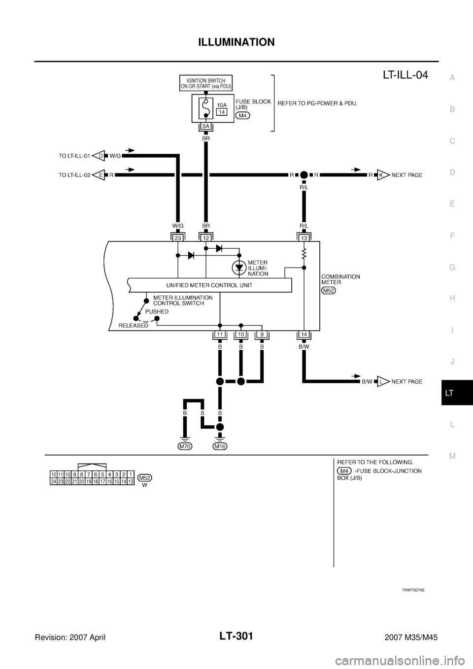 INFINITI M35 2007  Factory Service Manual ILLUMINATION
LT-301
C
D
E
F
G
H
I
J
L
MA
B
LT
Revision: 2007 April2007 M35/M45
TKWT5074E 
