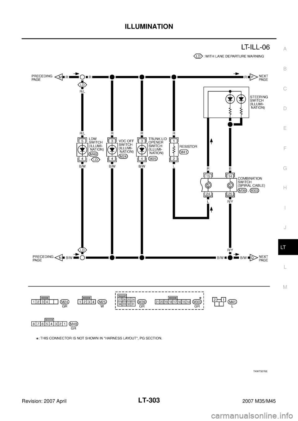 INFINITI M35 2007  Factory Service Manual ILLUMINATION
LT-303
C
D
E
F
G
H
I
J
L
MA
B
LT
Revision: 2007 April2007 M35/M45
TKWT5076E 