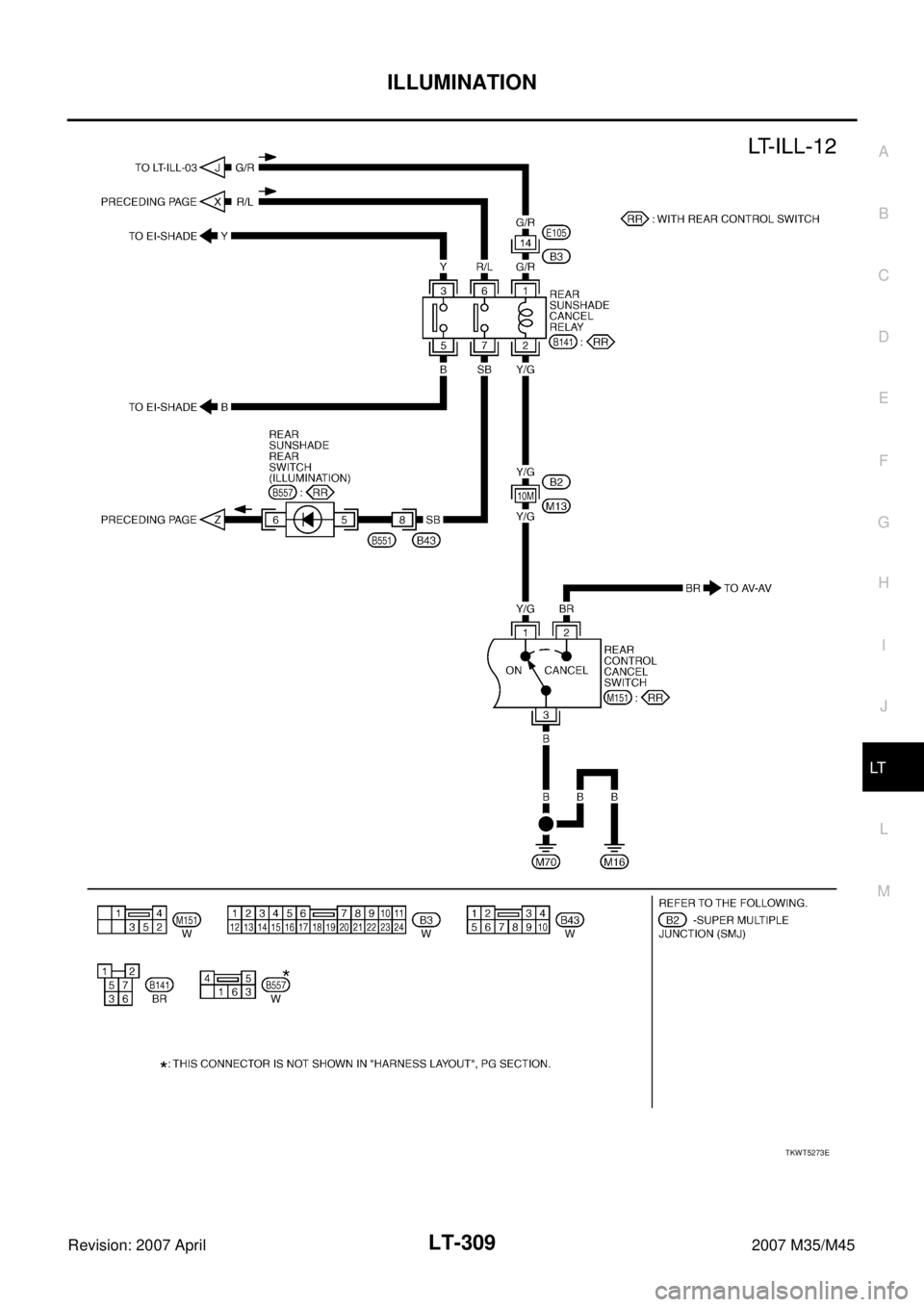INFINITI M35 2007  Factory Service Manual ILLUMINATION
LT-309
C
D
E
F
G
H
I
J
L
MA
B
LT
Revision: 2007 April2007 M35/M45
TKWT5273E 
