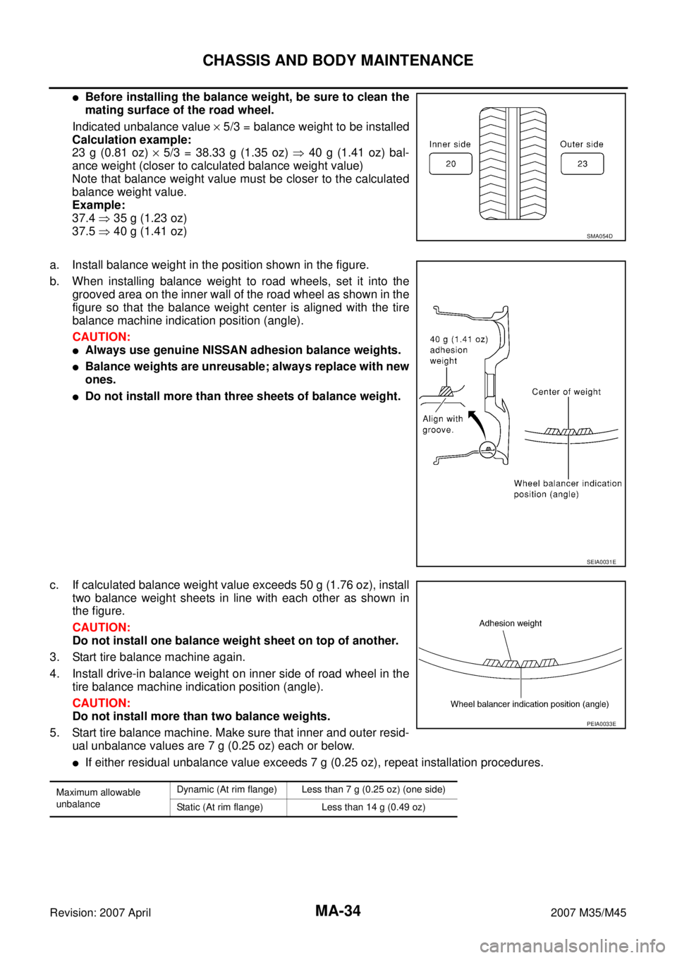INFINITI M35 2007  Factory Service Manual MA-34
CHASSIS AND BODY MAINTENANCE
Revision: 2007 April2007 M35/M45
Before installing the balance weight, be sure to clean the
mating surface of the road wheel.
Indicated unbalance value × 5/3 = bal