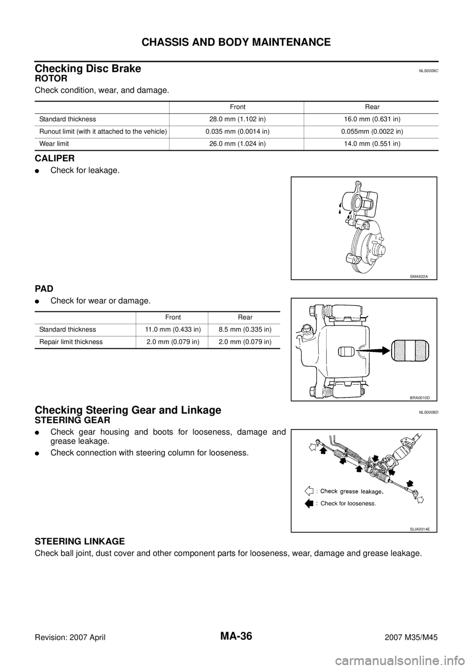 INFINITI M35 2007  Factory Service Manual MA-36
CHASSIS AND BODY MAINTENANCE
Revision: 2007 April2007 M35/M45
Checking Disc BrakeNLS0008C
ROTOR
Check condition, wear, and damage.
CALIPER
Check for leakage.
PA D
Check for wear or damage.
Che