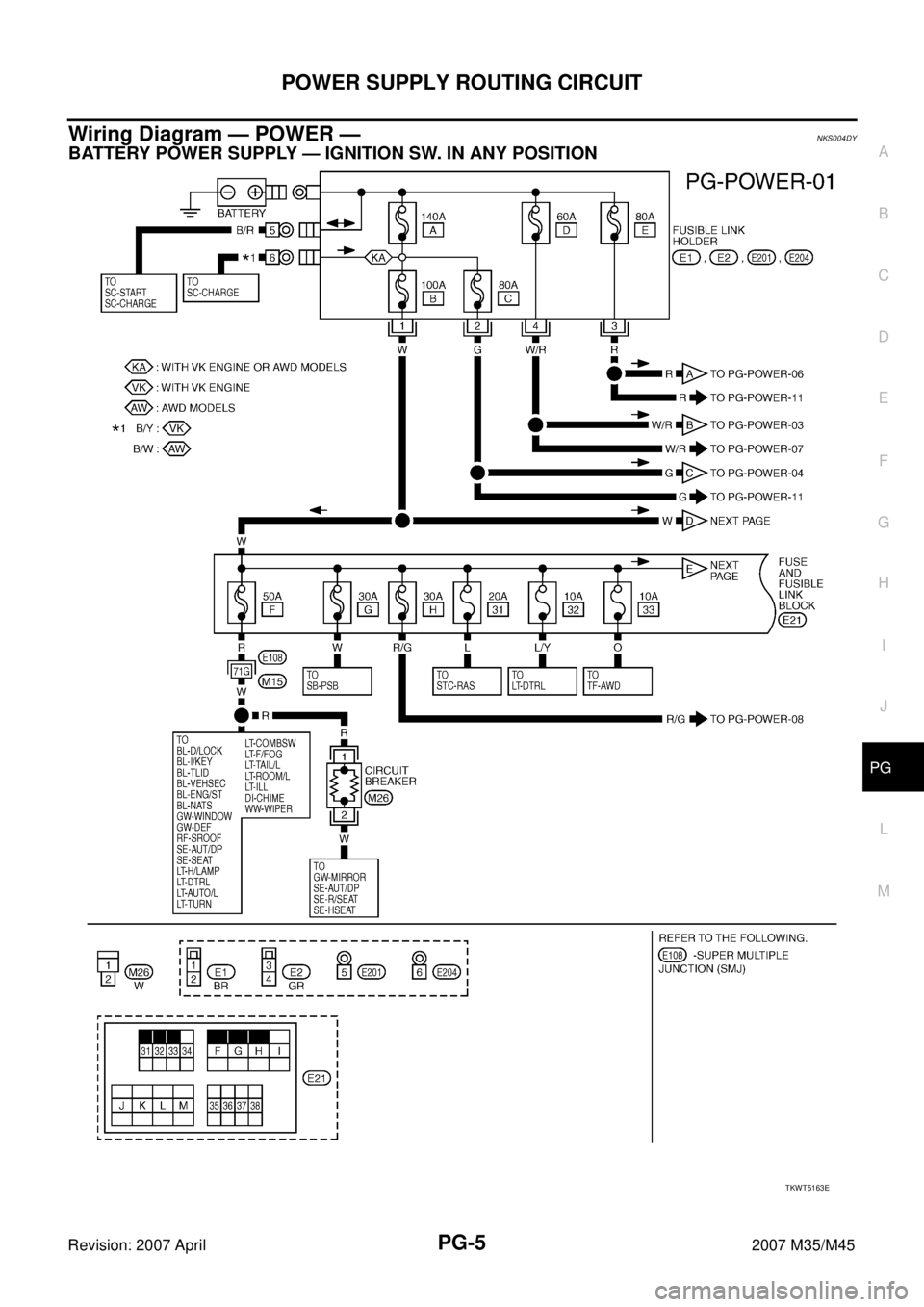 INFINITI M35 2007  Factory Service Manual POWER SUPPLY ROUTING CIRCUIT
PG-5
C
D
E
F
G
H
I
J
L
MA
B
PG
Revision: 2007 April2007 M35/M45
Wiring Diagram — POWER —NKS004DY
BATTERY POWER SUPPLY — IGNITION SW. IN ANY POSITION
TKWT5163E 