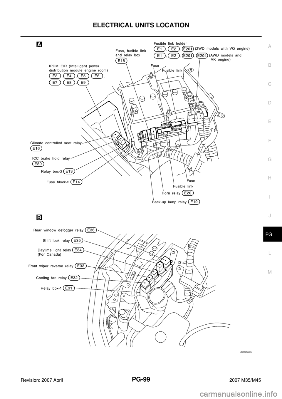 INFINITI M35 2007  Factory Service Manual ELECTRICAL UNITS LOCATION
PG-99
C
D
E
F
G
H
I
J
L
MA
B
PG
Revision: 2007 April2007 M35/M45
CKIT0656E 