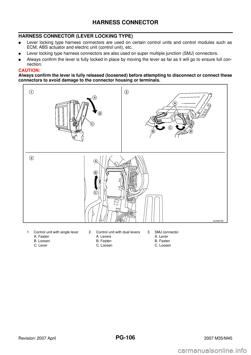 INFINITI M35 2007  Factory Service Manual PG-106
HARNESS CONNECTOR
Revision: 2007 April2007 M35/M45
HARNESS CONNECTOR (LEVER LOCKING TYPE)
Lever locking type harness connectors are used on certain control units and control modules such as
EC