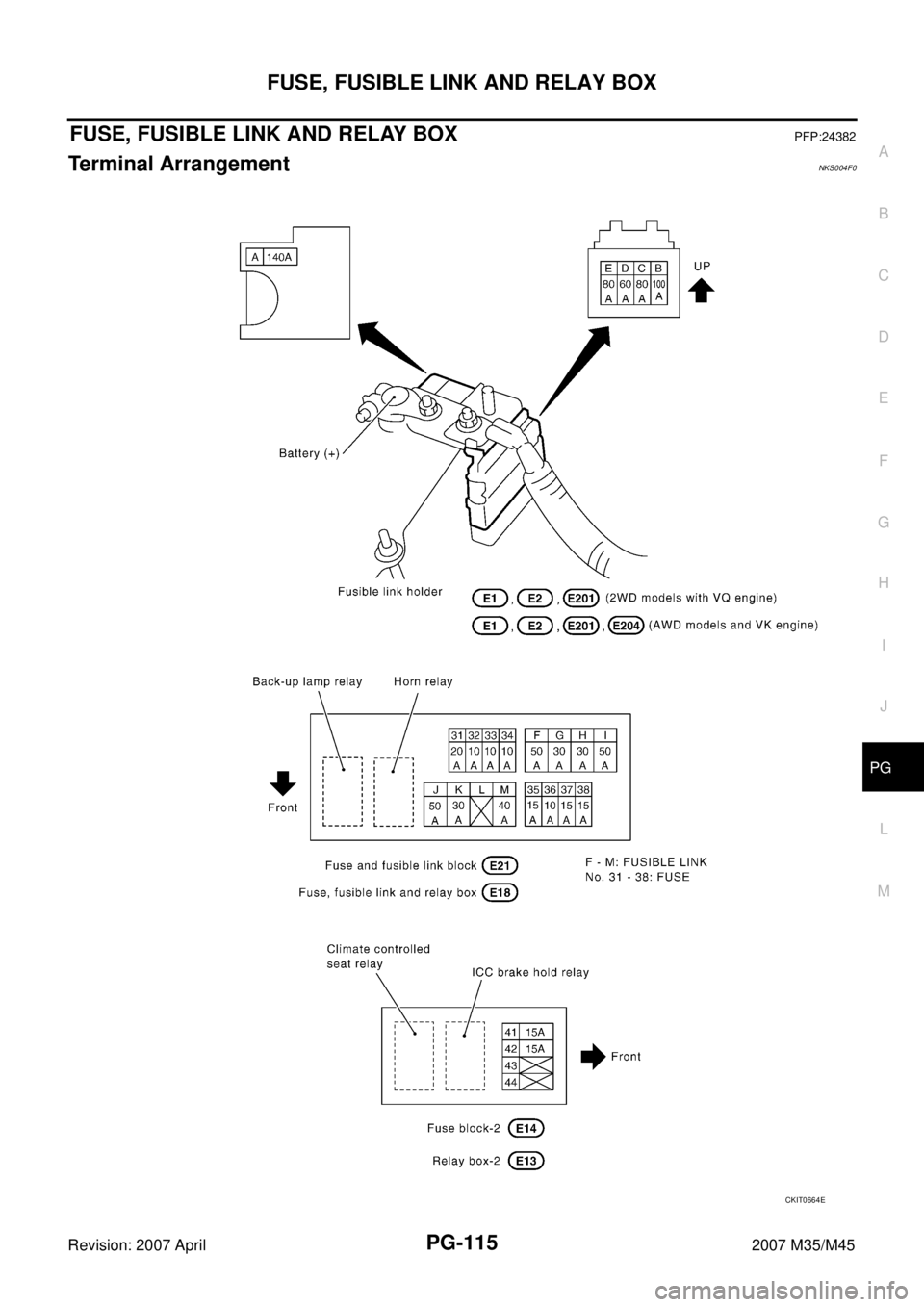INFINITI M35 2007  Factory Service Manual FUSE, FUSIBLE LINK AND RELAY BOX
PG-115
C
D
E
F
G
H
I
J
L
MA
B
PG
Revision: 2007 April2007 M35/M45
FUSE, FUSIBLE LINK AND RELAY BOXPFP:24382
Terminal ArrangementNKS004F0
CKIT0664E 