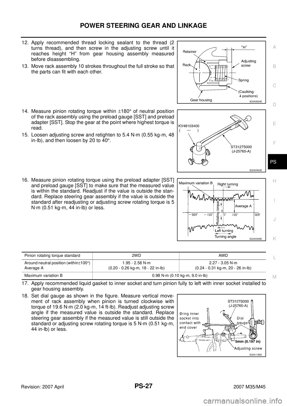 INFINITI M35 2007 Factory Service Manual POWER STEERING GEAR AND LINKAGE
PS-27
C
D
E
F
H
I
J
K
L
MA
B
PS
Revision: 2007 April2007 M35/M45
12. Apply recommended thread locking sealant to the thread (2
turns thread), and then screw in the adju INFINITI M35 2007 Factory Service Manual POWER STEERING GEAR AND LINKAGE
PS-27
C
D
E
F
H
I
J
K
L
MA
B
PS
Revision: 2007 April2007 M35/M45
12. Apply recommended thread locking sealant to the thread (2
turns thread), and then screw in the adju