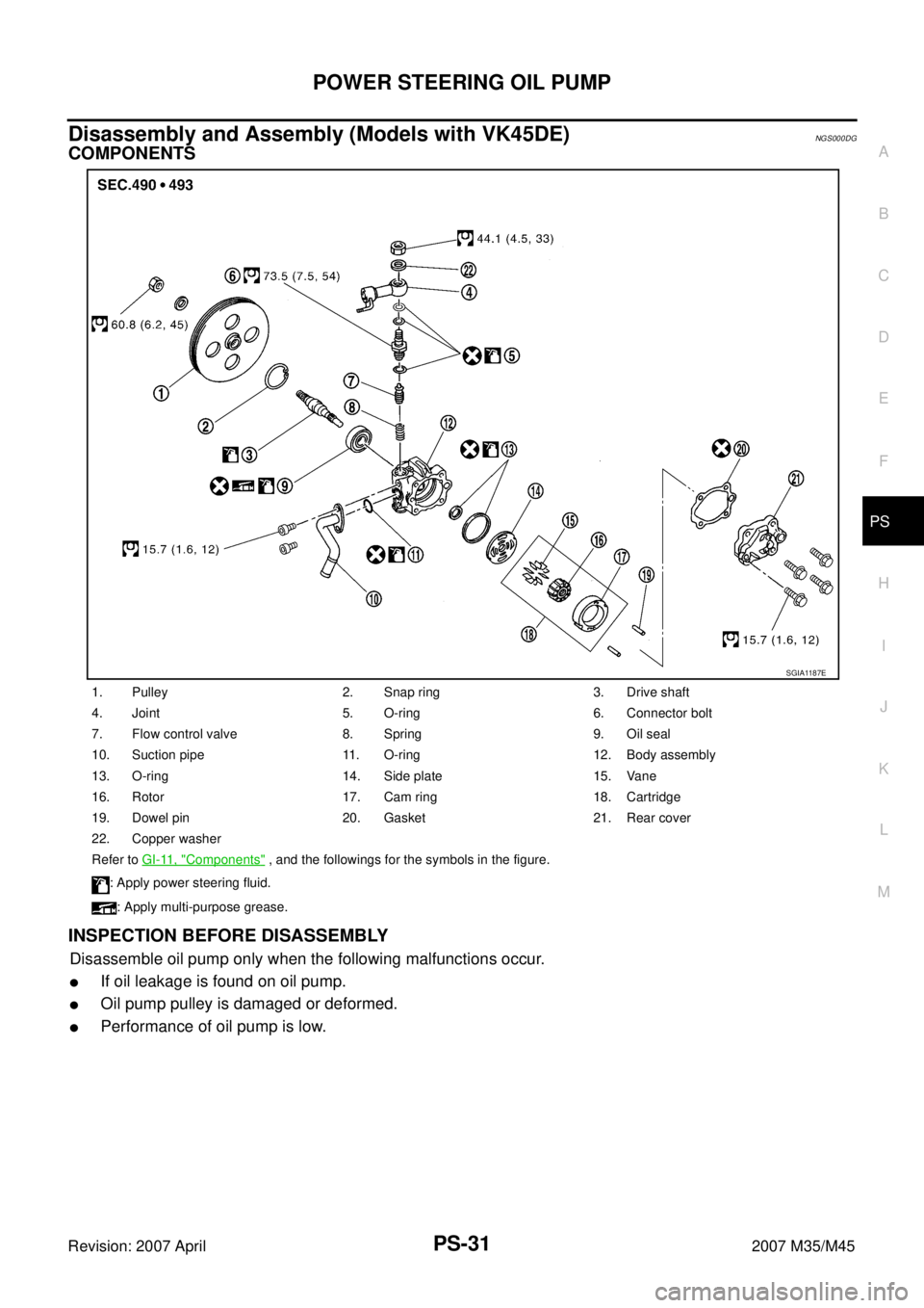 INFINITI M35 2007  Factory Service Manual POWER STEERING OIL PUMP
PS-31
C
D
E
F
H
I
J
K
L
MA
B
PS
Revision: 2007 April2007 M35/M45
Disassembly and Assembly (Models with VK45DE)NGS000DG
COMPONENTS
INSPECTION BEFORE DISASSEMBLY
Disassemble oil 