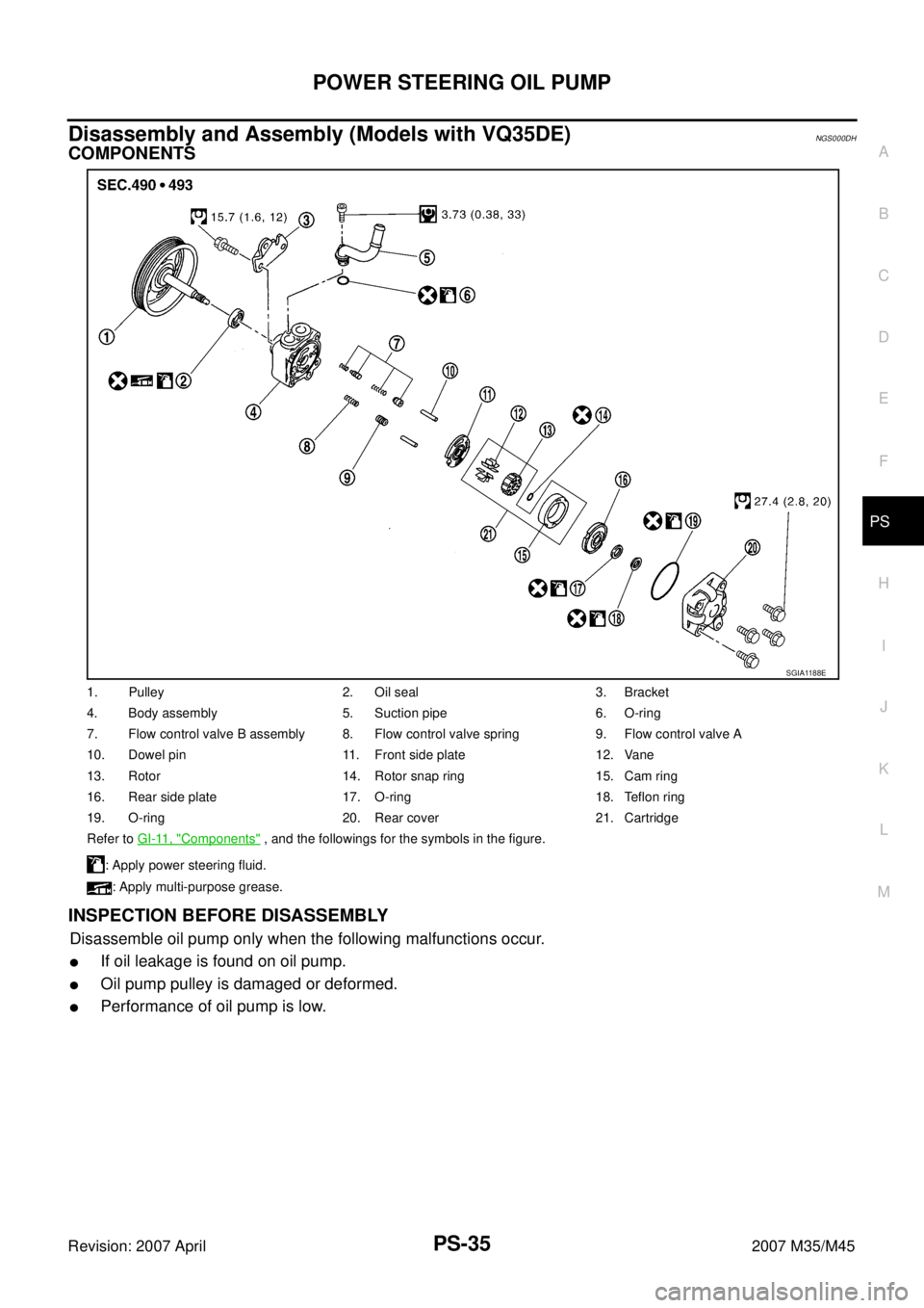 INFINITI M35 2007  Factory Service Manual POWER STEERING OIL PUMP
PS-35
C
D
E
F
H
I
J
K
L
MA
B
PS
Revision: 2007 April2007 M35/M45
Disassembly and Assembly (Models with VQ35DE)NGS000DH
COMPONENTS
INSPECTION BEFORE DISASSEMBLY
Disassemble oil 