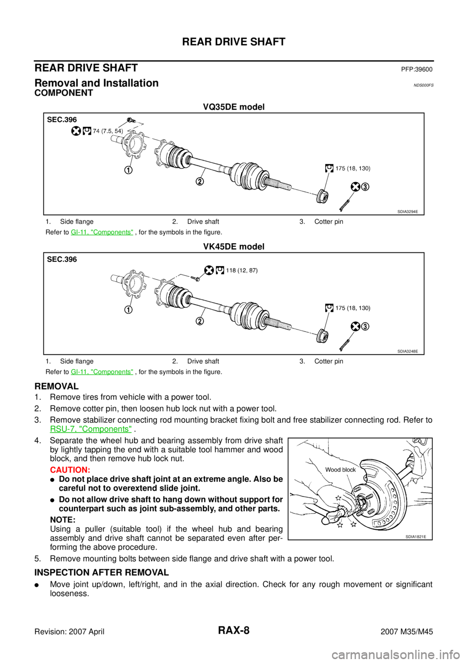 INFINITI M35 2007 Factory Service Manual RAX-8
REAR DRIVE SHAFT
Revision: 2007 April2007 M35/M45
REAR DRIVE SHAFTPFP:39600
Removal and InstallationNDS000FS
COMPONENT
VQ35DE model
VK45DE model
REMOVAL
1. Remove tires from vehicle with a power INFINITI M35 2007 Factory Service Manual RAX-8
REAR DRIVE SHAFT
Revision: 2007 April2007 M35/M45
REAR DRIVE SHAFTPFP:39600
Removal and InstallationNDS000FS
COMPONENT
VQ35DE model
VK45DE model
REMOVAL
1. Remove tires from vehicle with a power