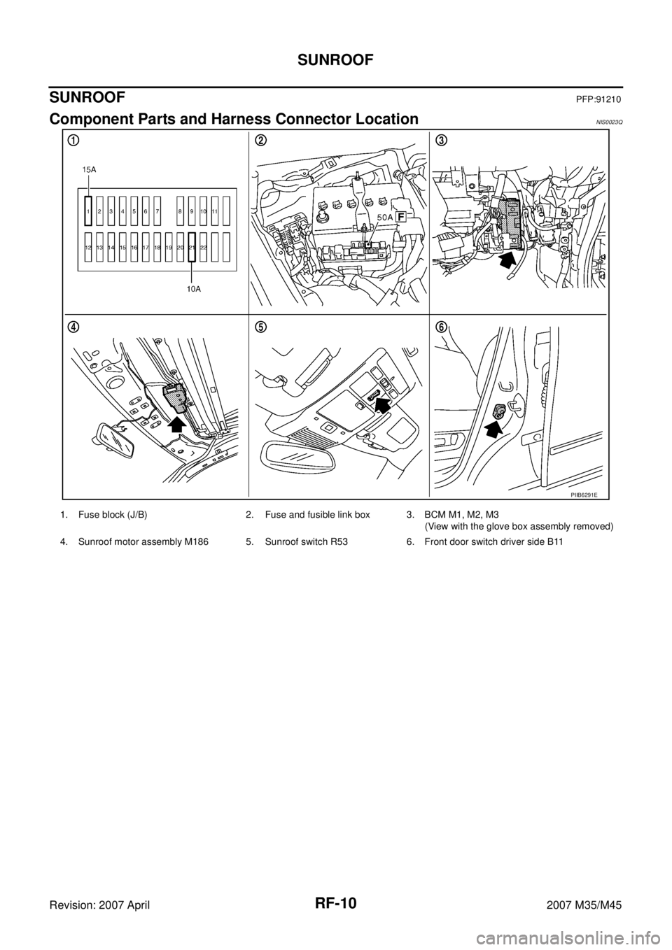 INFINITI M35 2007  Factory Service Manual RF-10
SUNROOF
Revision: 2007 April2007 M35/M45
SUNROOFPFP:91210
Component Parts and Harness Connector LocationNIS0023Q
PIIB6291E
1. Fuse block (J/B) 2. Fuse and fusible link box 3. BCM M1, M2, M3
(Vie